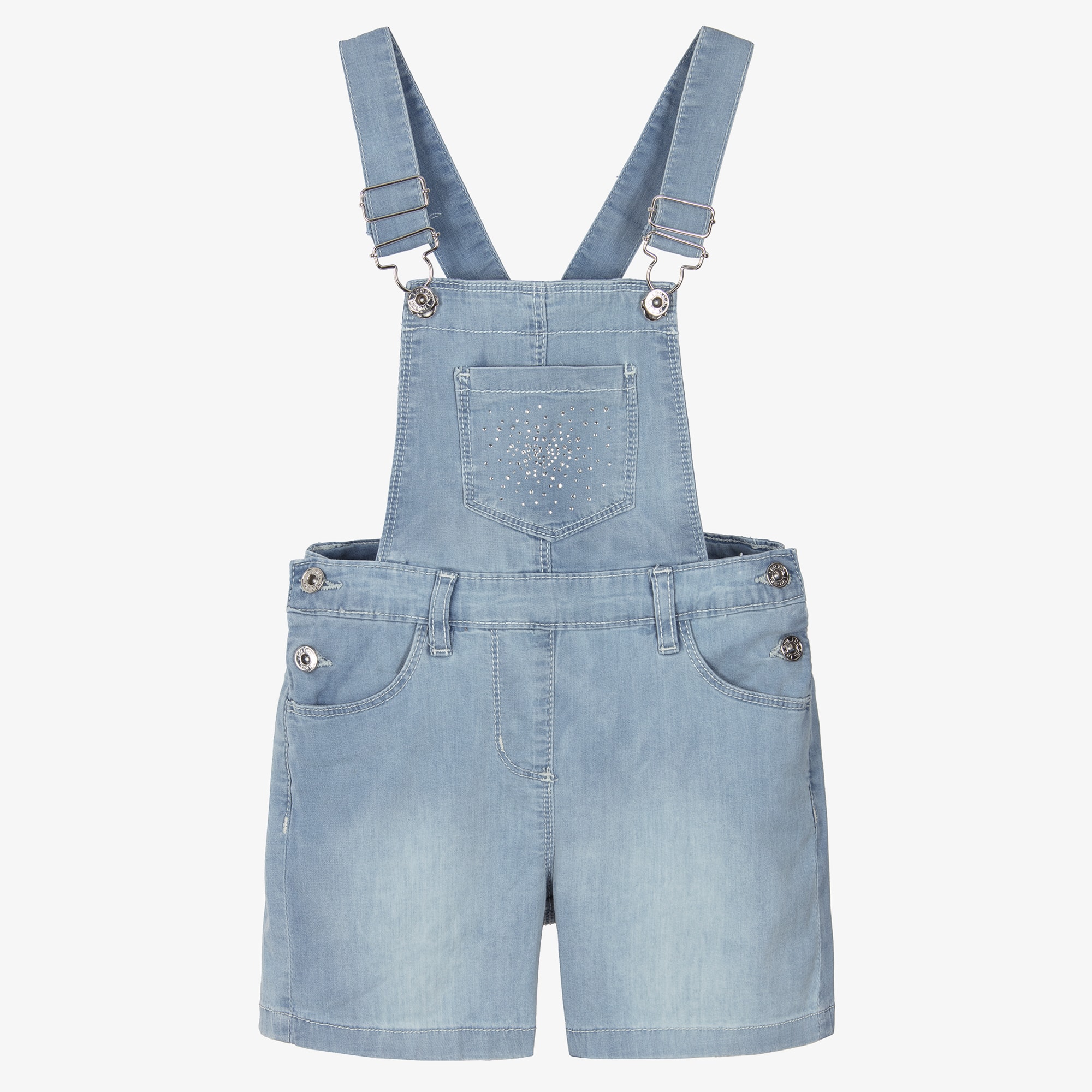 Girls Blue Cotton Chambray Dungaree Shorts with Diamantés - View 1