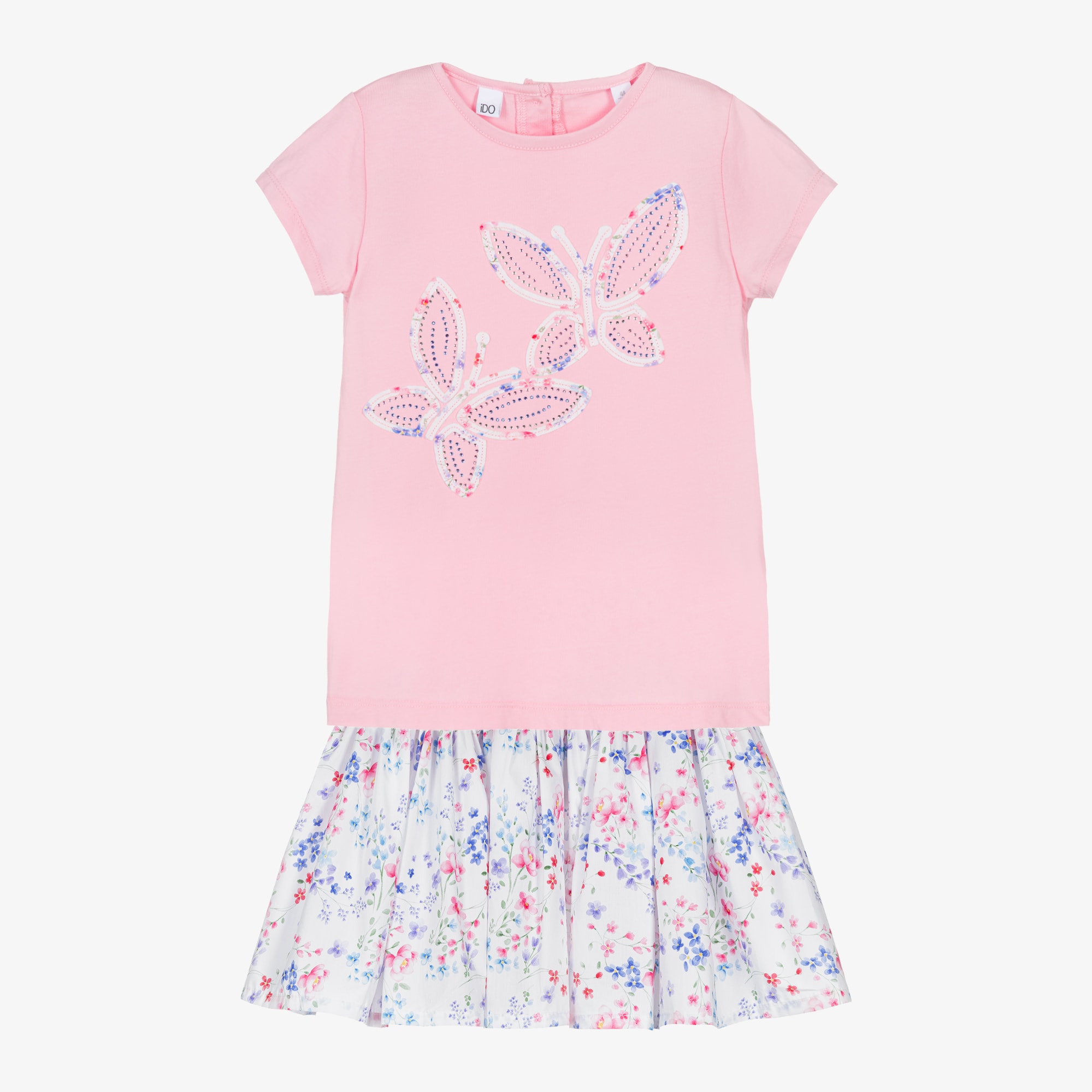 Girls Pink Cotton Butterfly & Floral Print Skirt Set - View 1