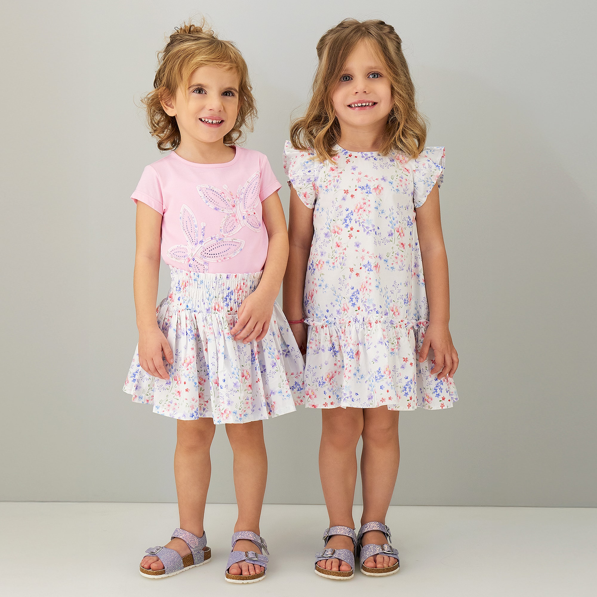 Girls Pink Cotton Butterfly & Floral Print Skirt Set - View 2