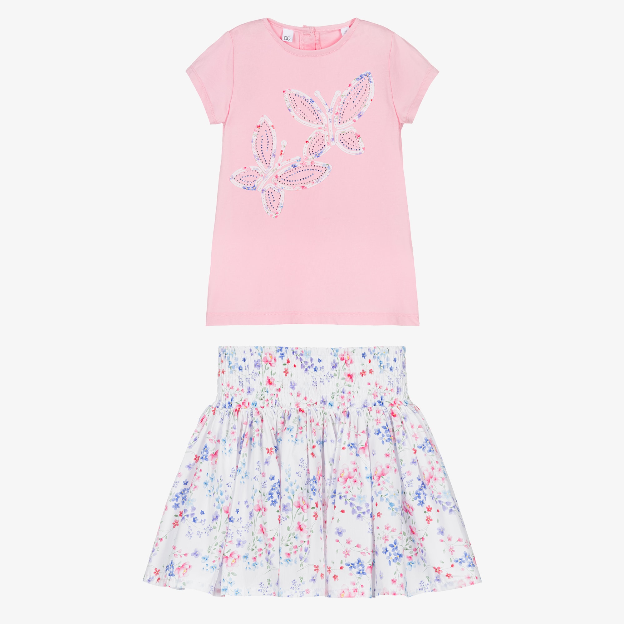 Girls Pink Cotton Butterfly & Floral Print Skirt Set - View 3