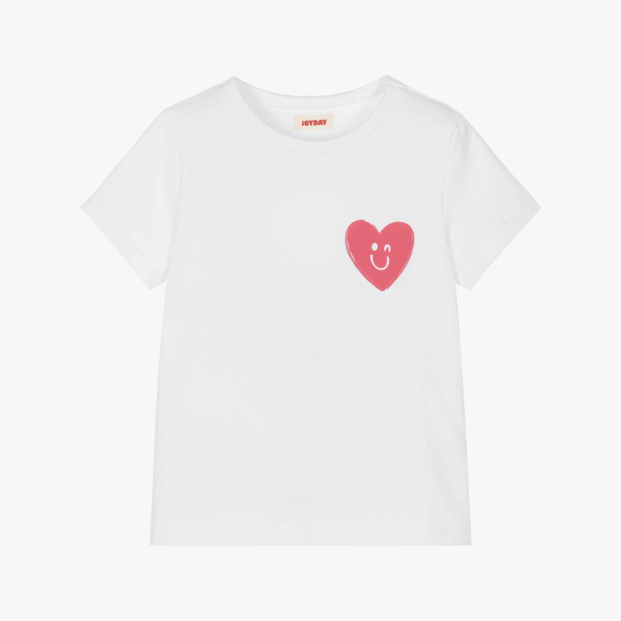 Girl White Cotton T-Shirt with Smiling Red Heart Motif - View 1