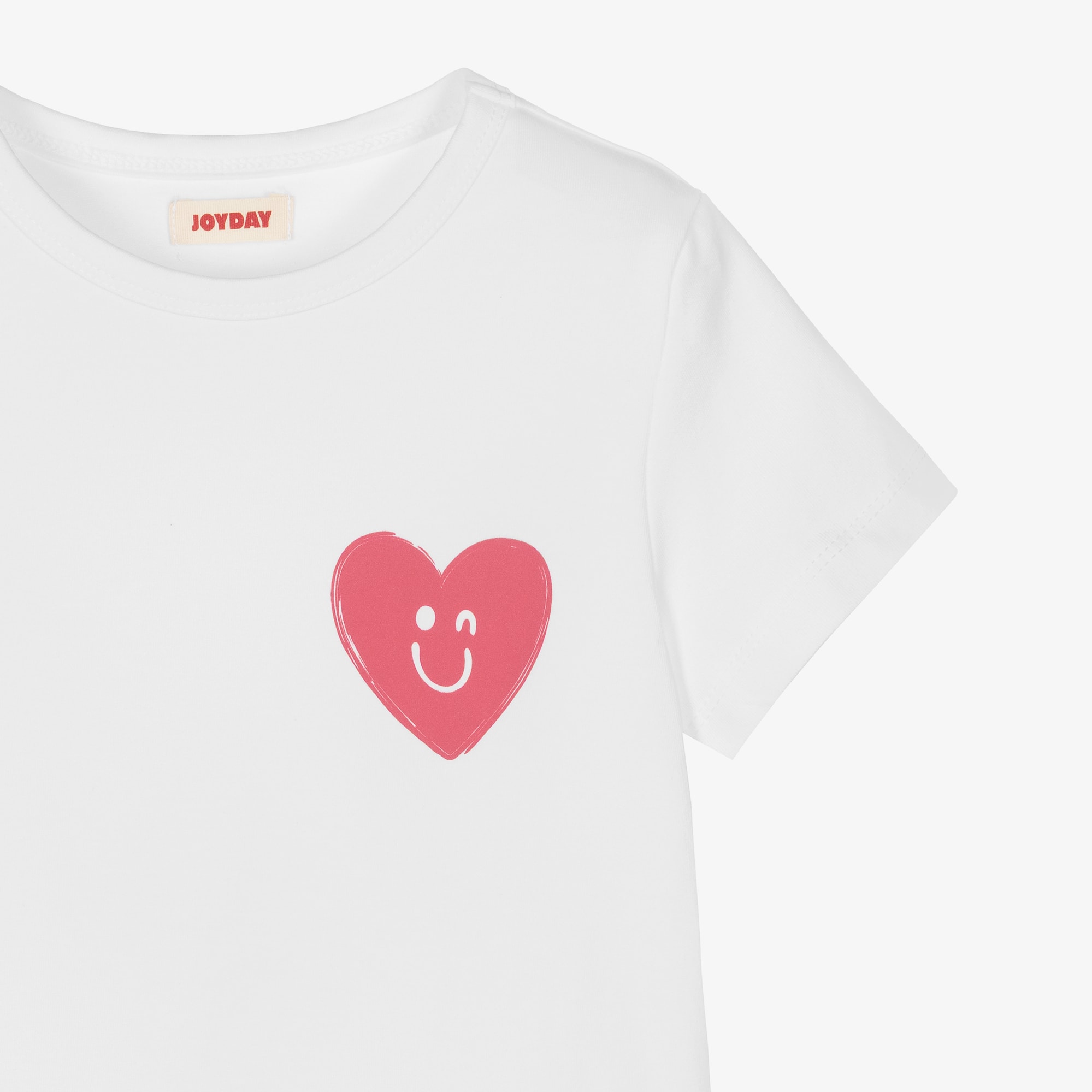 Girl White Cotton T-Shirt with Smiling Red Heart Motif - View 3
