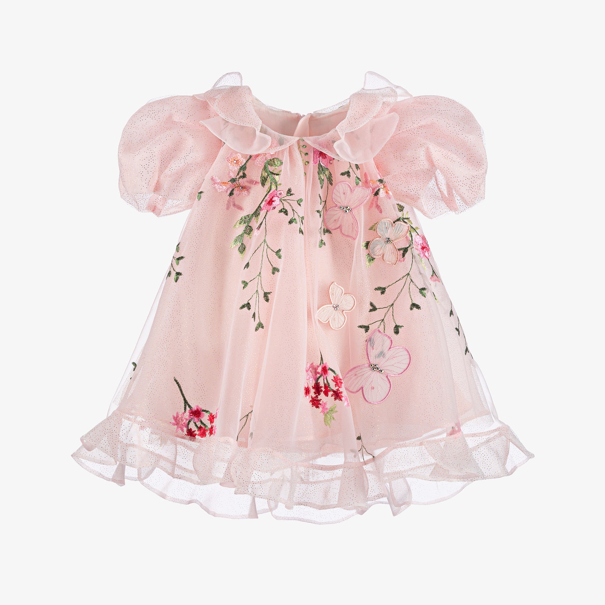 Baby Girls Pink Embroidered Floral Tulle Dress - View 1