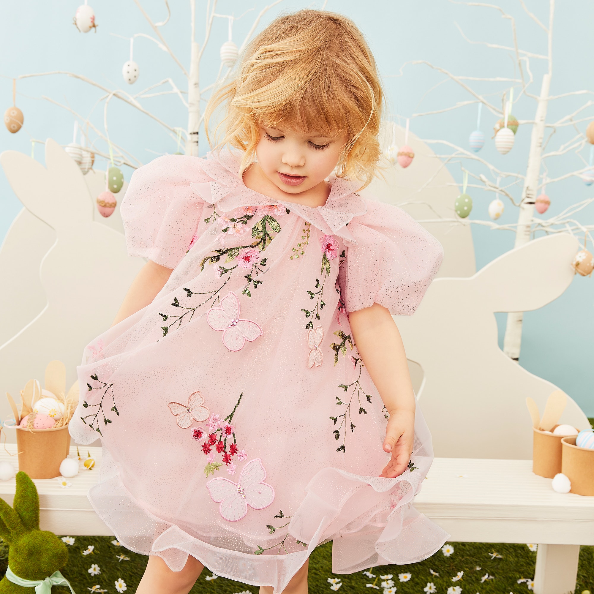 Baby Girls Pink Embroidered Floral Tulle Dress - View 2