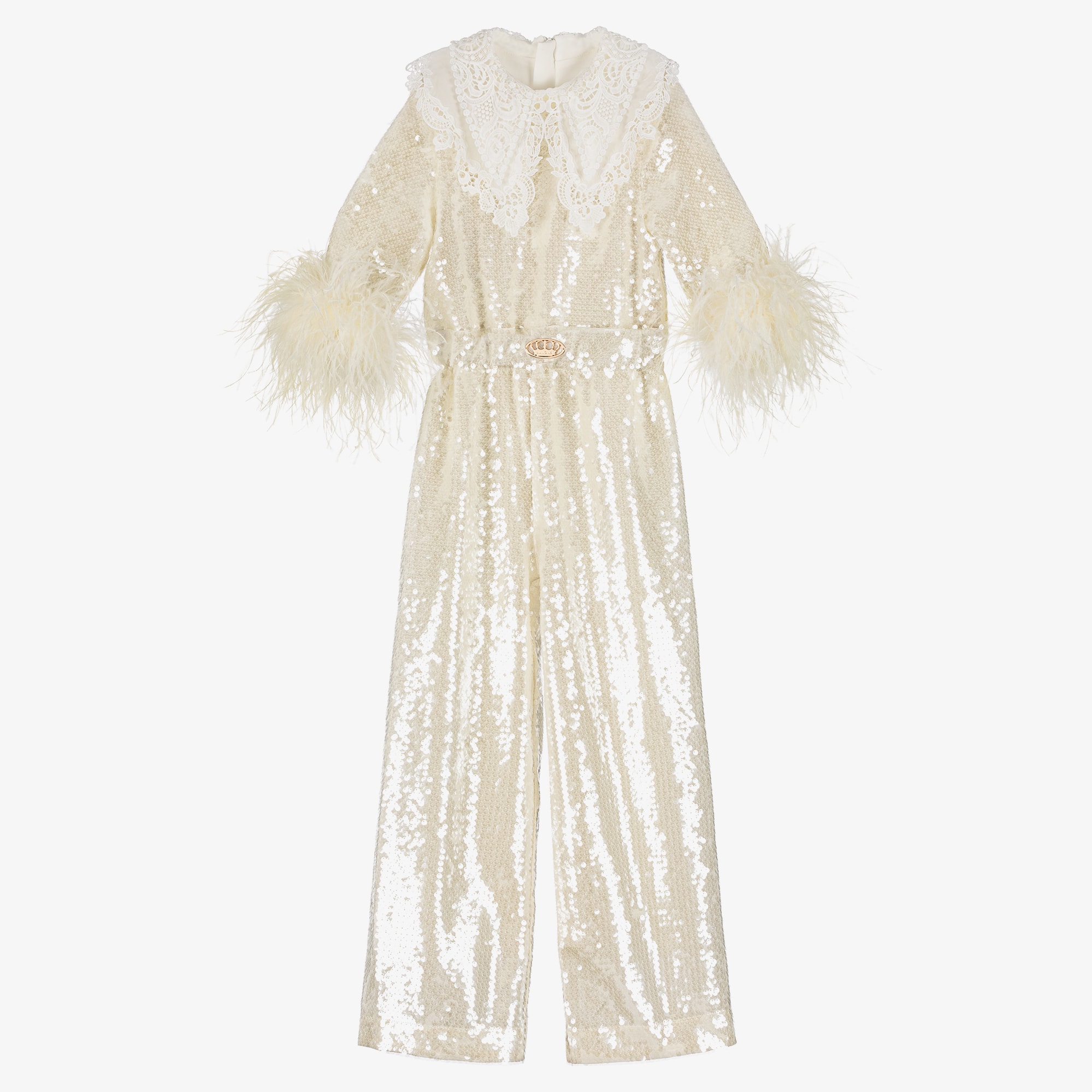 Girls Ivory Sequin Jumpsuit with Feathers & Cutwork Embroidery - View 1