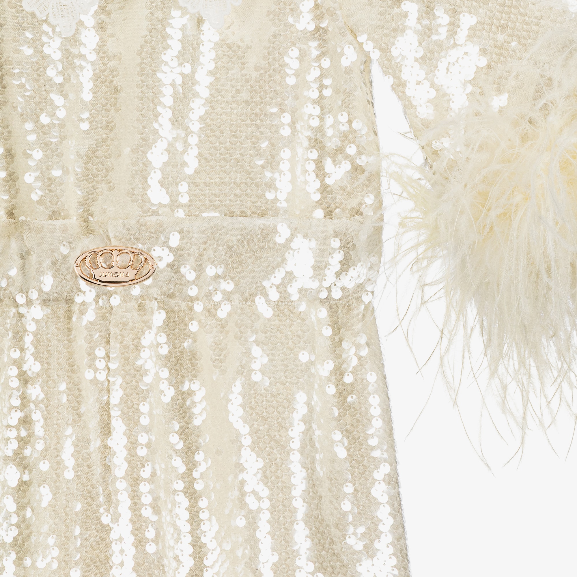 Girls Ivory Sequin Jumpsuit with Feathers & Cutwork Embroidery - View 4