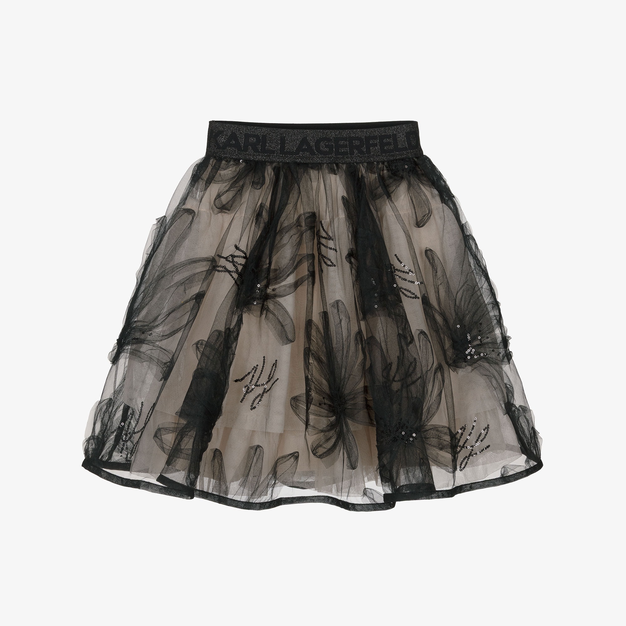 Girls Black & Beige Floral Tulle Skirt - View 1