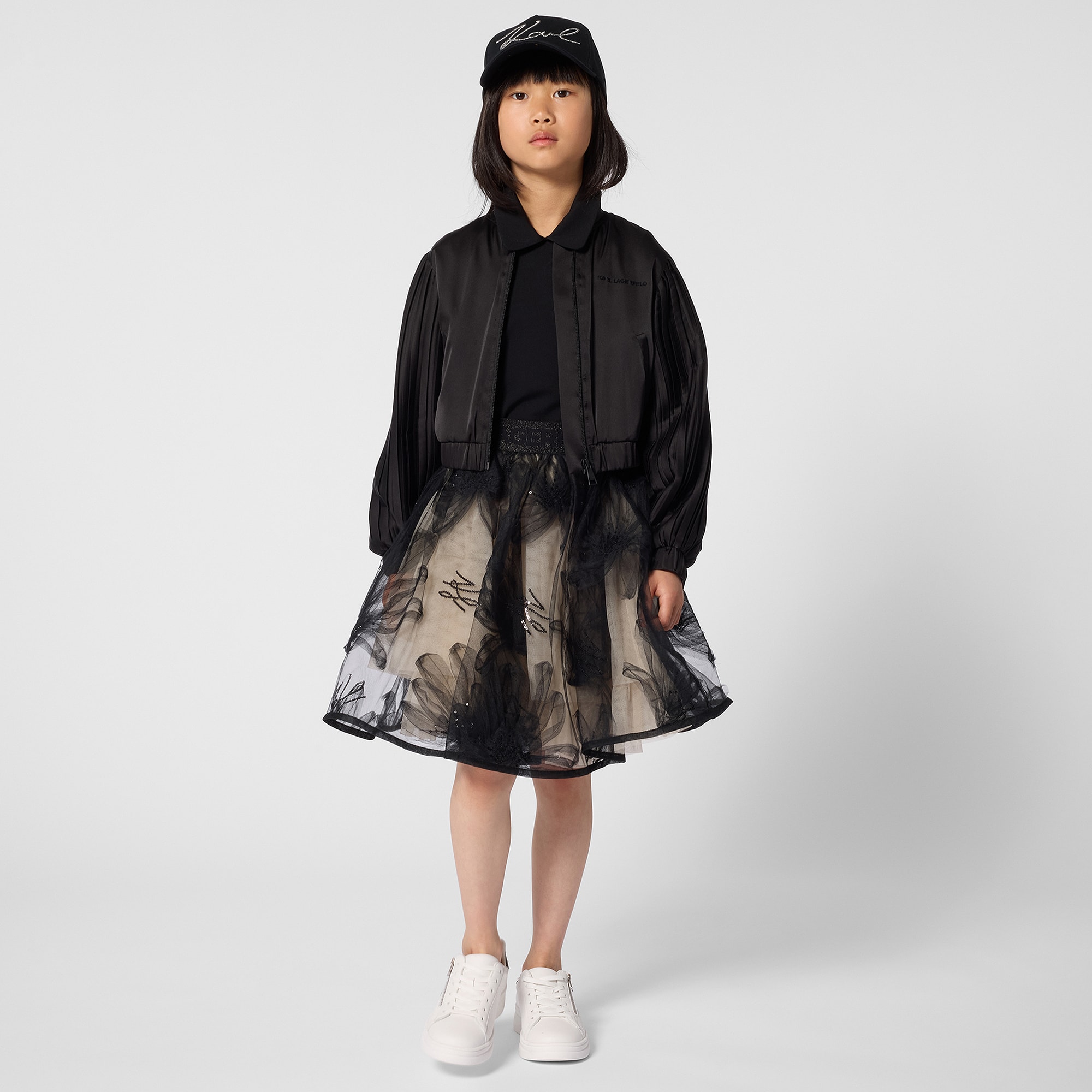 Girls Black & Beige Floral Tulle Skirt - View 2