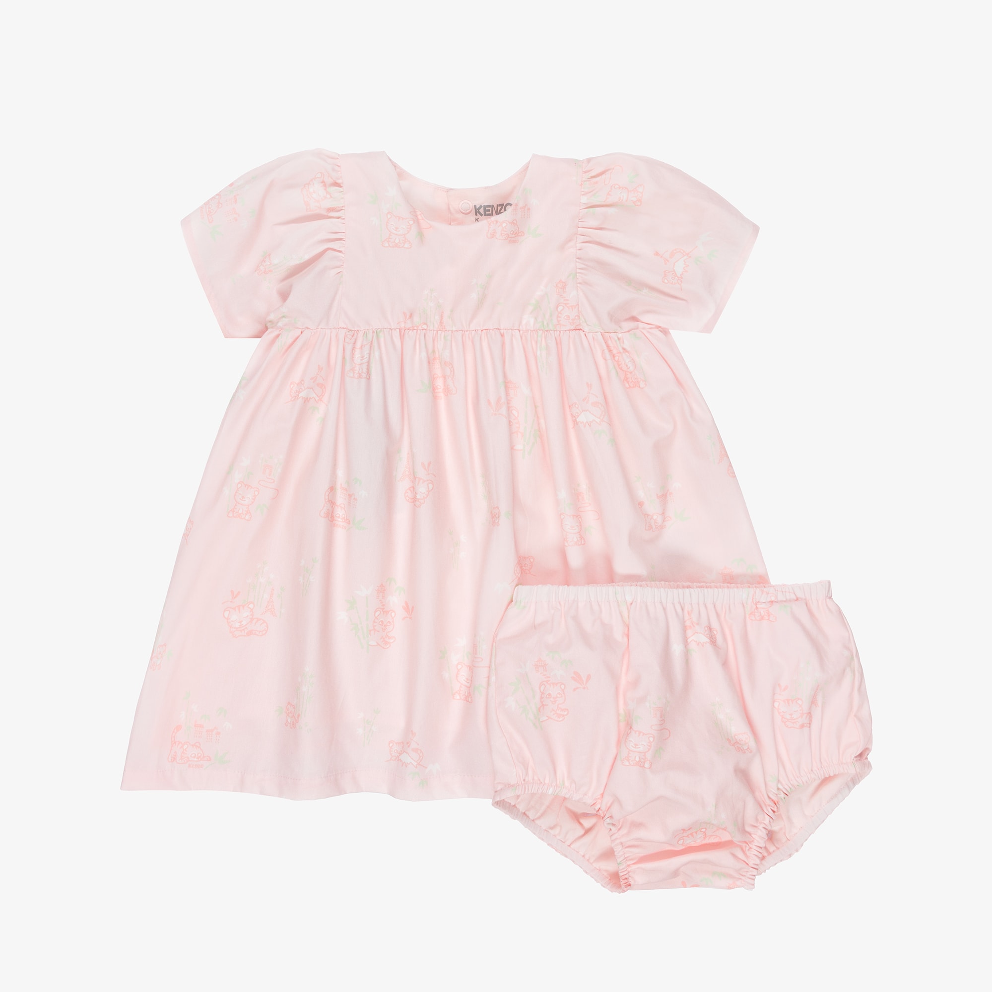 Baby Girls Pale Pink Cotton Dress with Baby Tiger Print - View 3