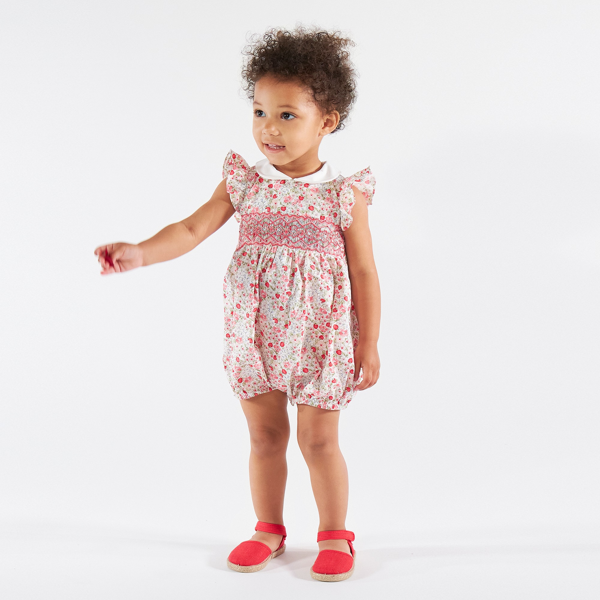 Baby Girls Red Strawberry & Floral Hand-Smocked Shortie - View 2
