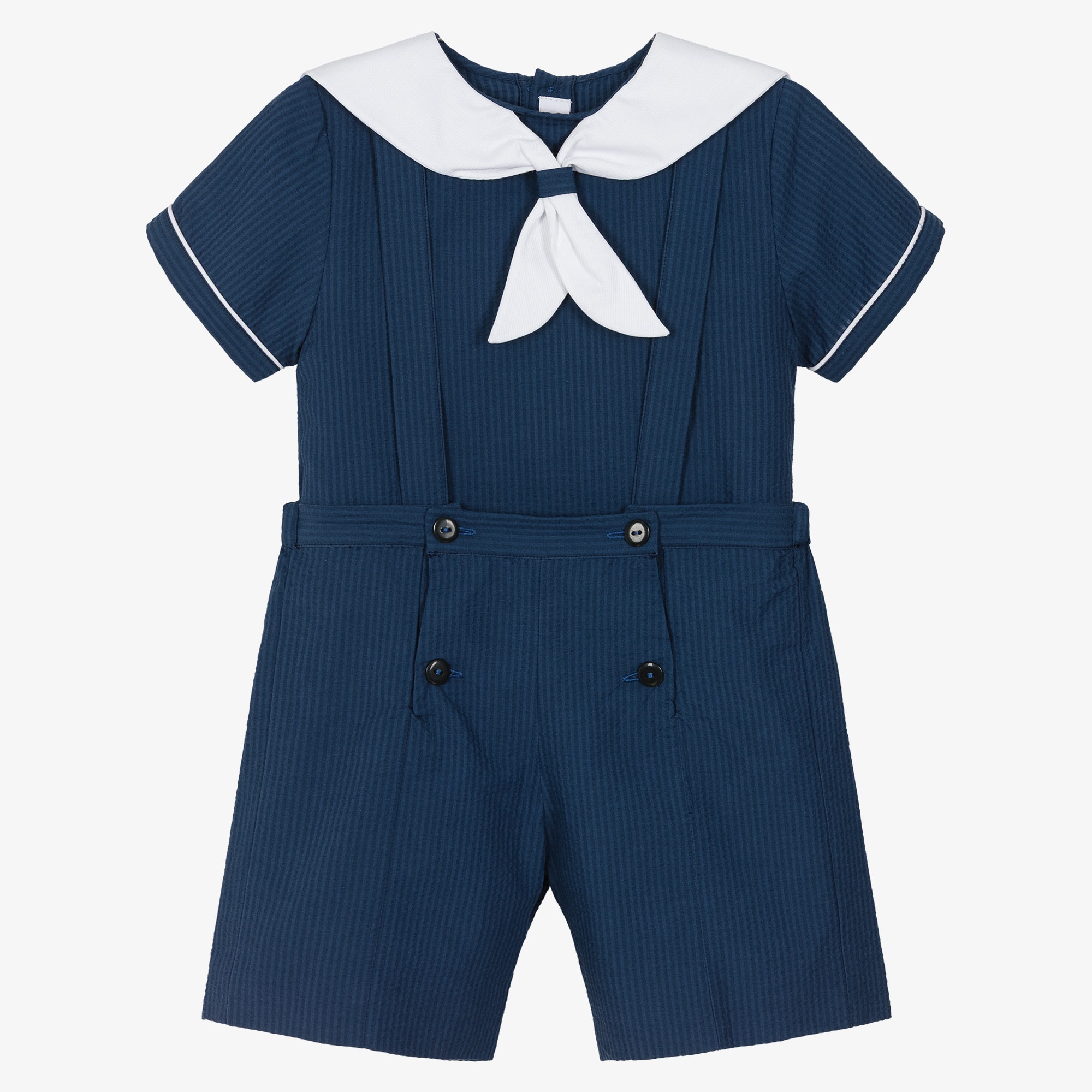 Boys Navy Blue Cotton Seersucker Sailor Shorts Set - View 1