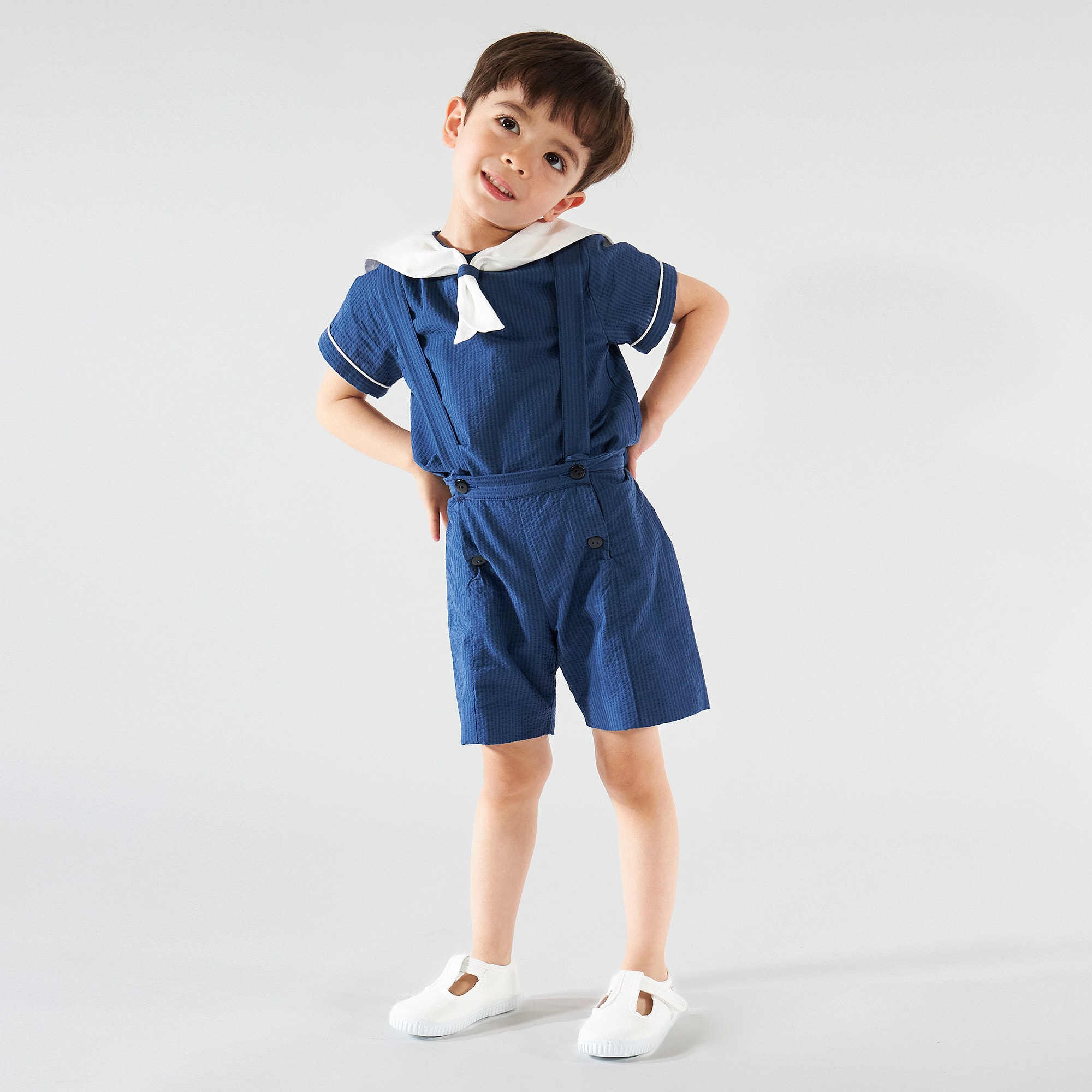 Boys Navy Blue Cotton Seersucker Sailor Shorts Set - View 2