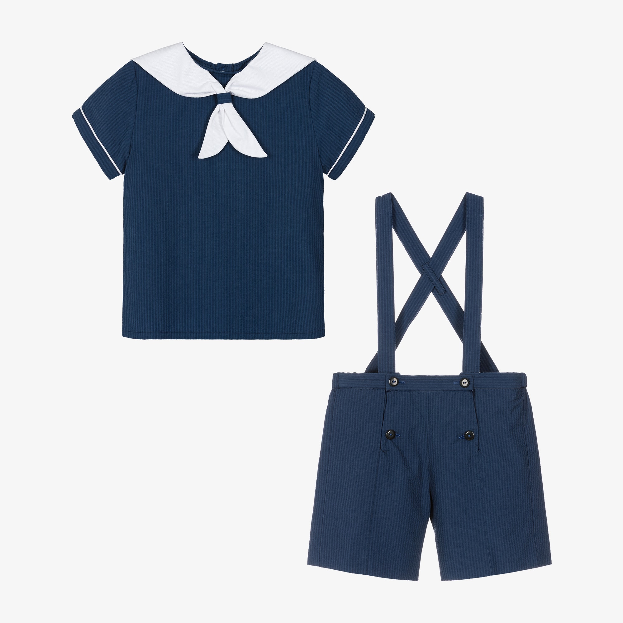 Boys Navy Blue Cotton Seersucker Sailor Shorts Set - View 3