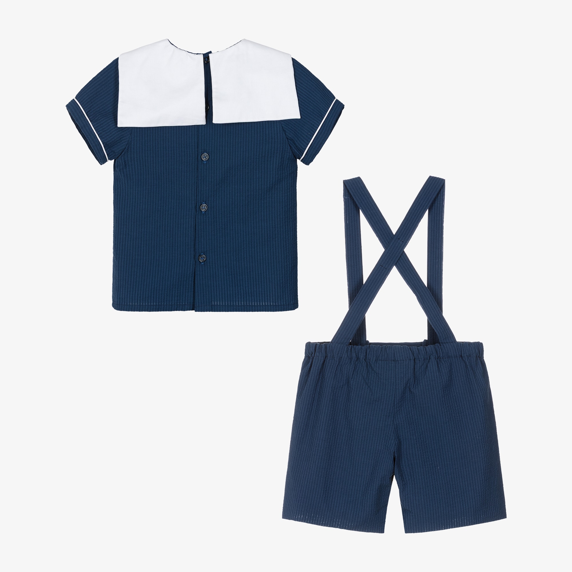 Boys Navy Blue Cotton Seersucker Sailor Shorts Set - View 4