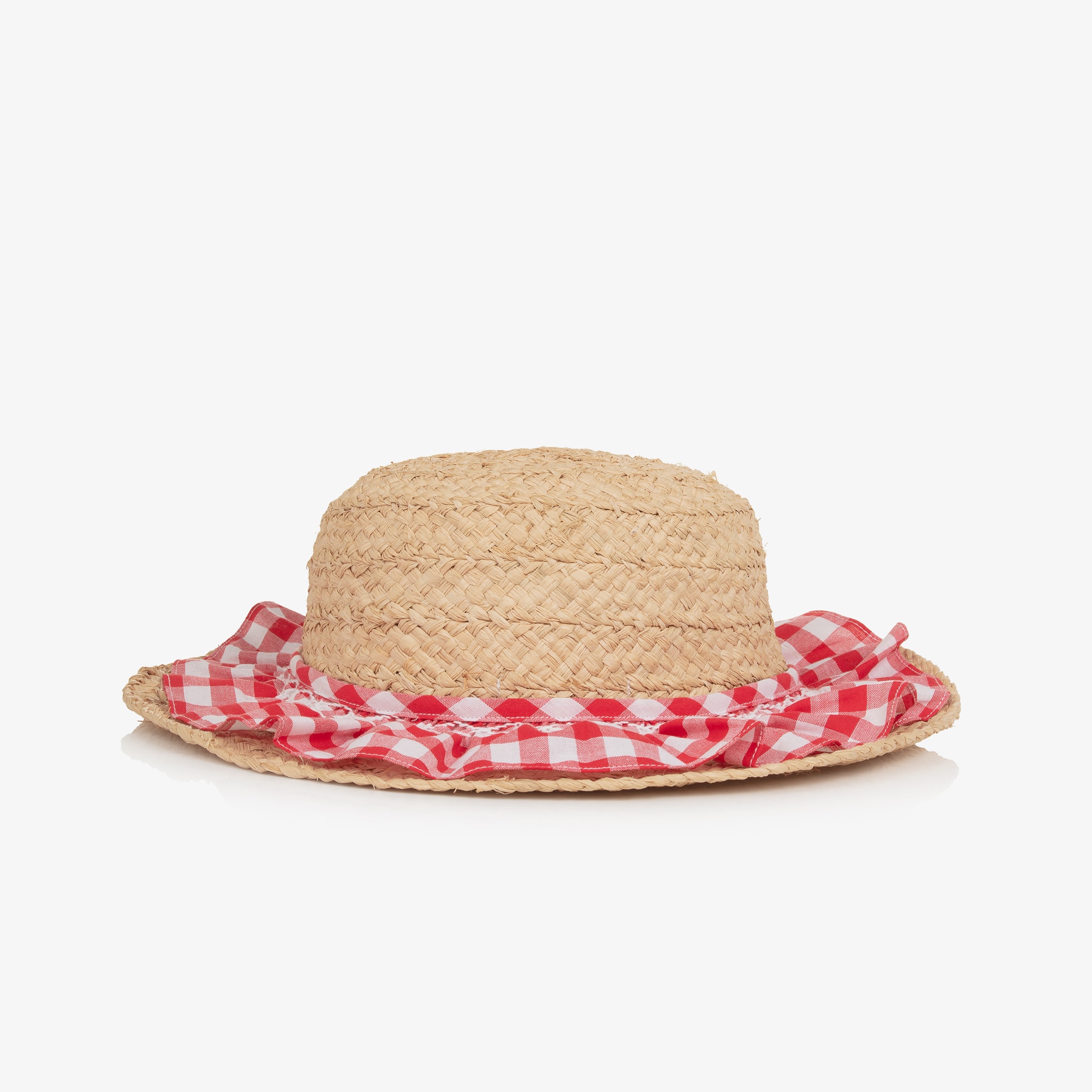 Girls Raffia Sun Hat with Red Gingham Check Ruffle - View 2