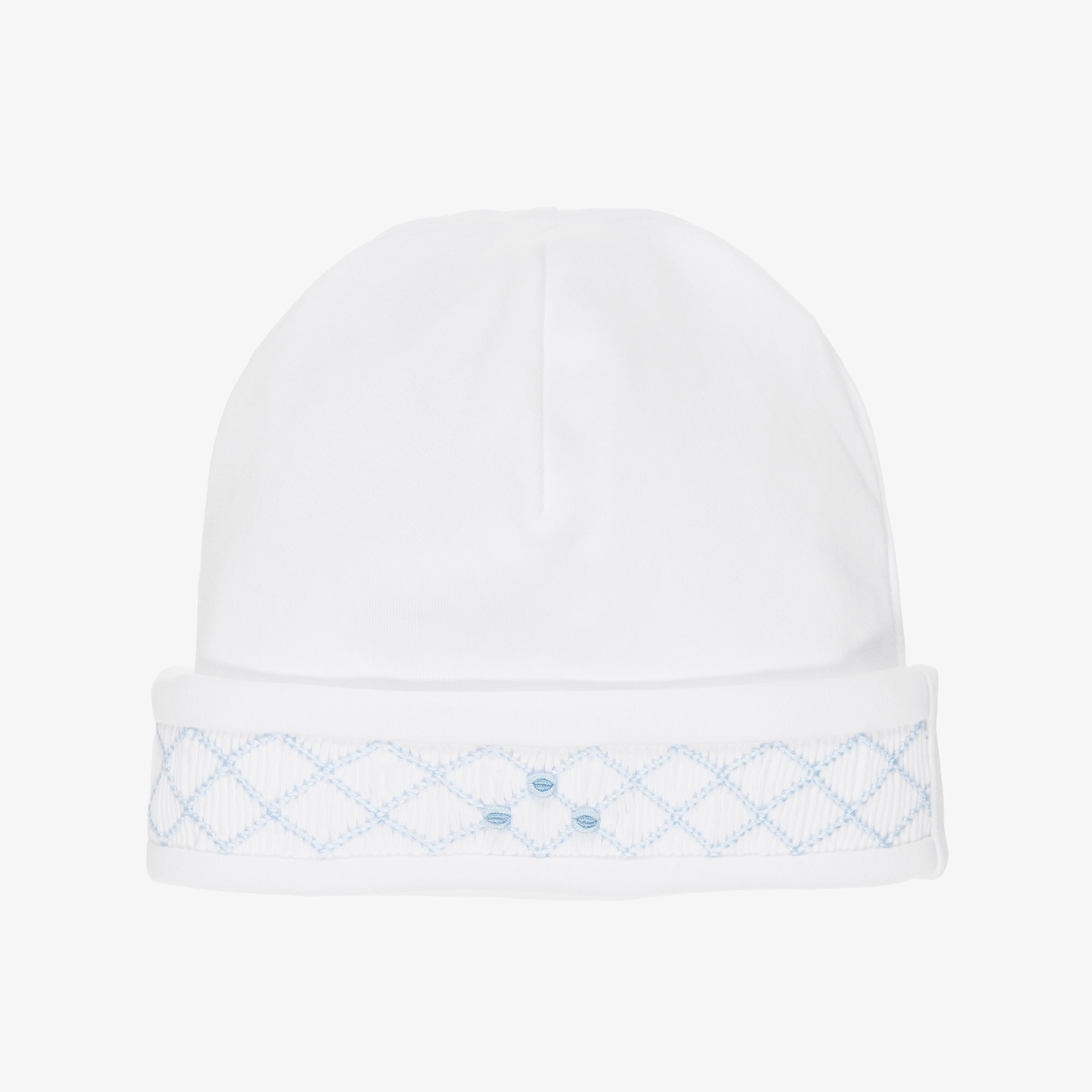Baby Boys White Pima Cotton Hand-Embroidered Hat - View 1