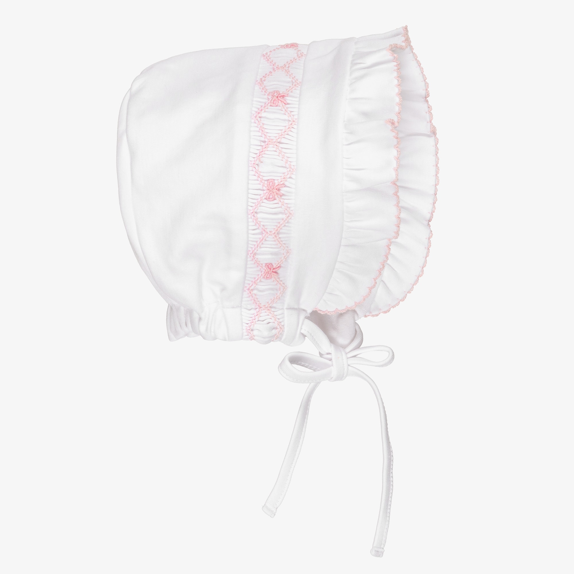Girls White Smocked Pima Cotton Bonnet with Pink Embroidery - View 1