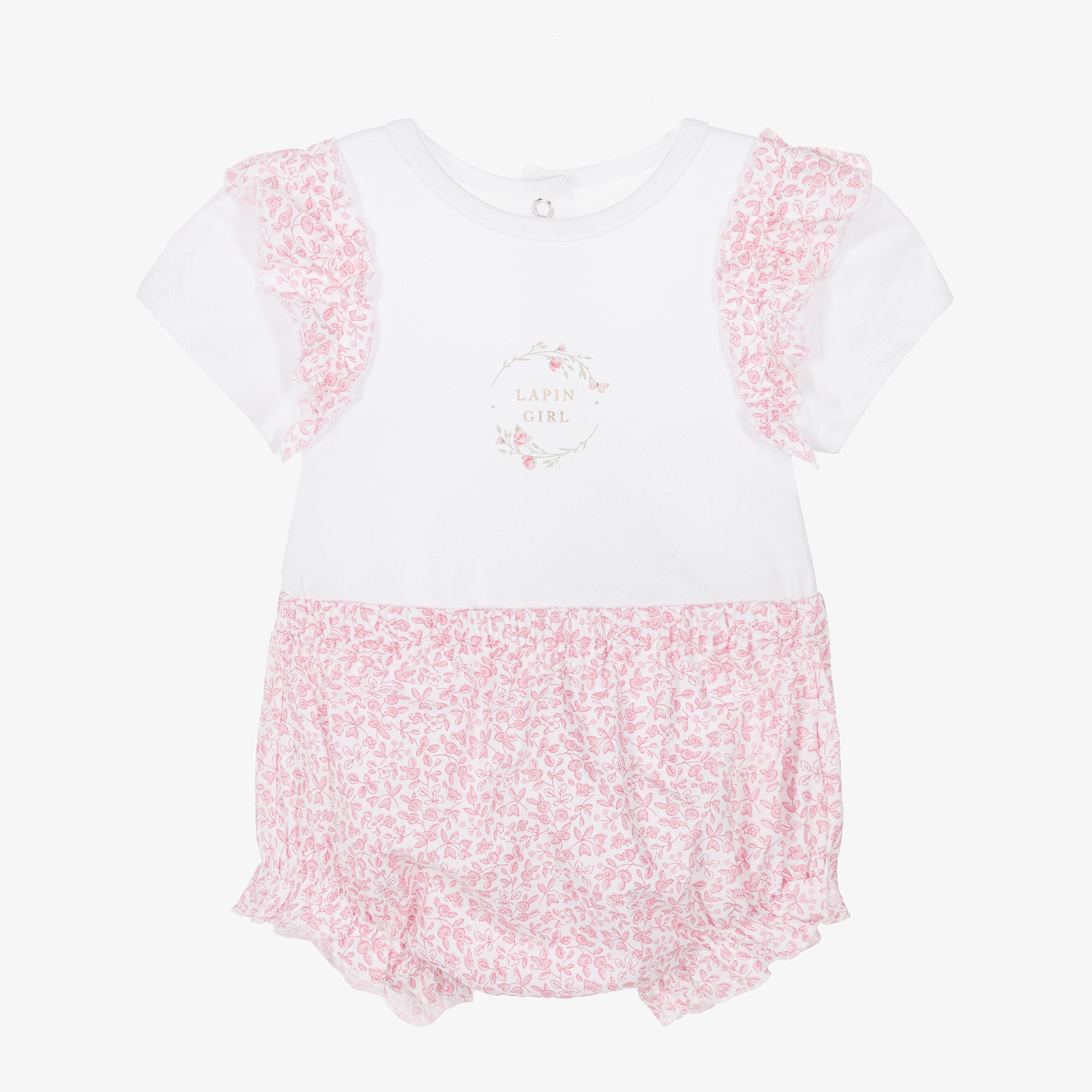 Baby Girls White & Pink Floral Cotton Shorts Set - View 1