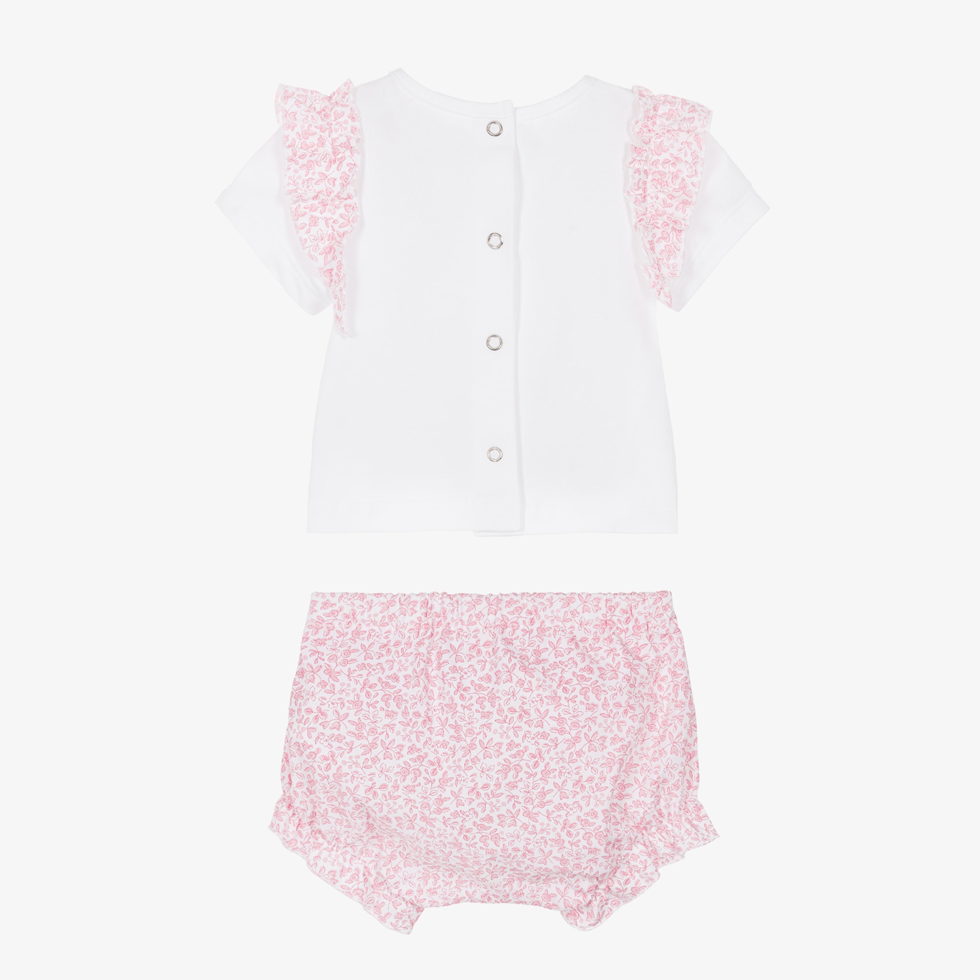 Baby Girls White & Pink Floral Cotton Shorts Set - View 3