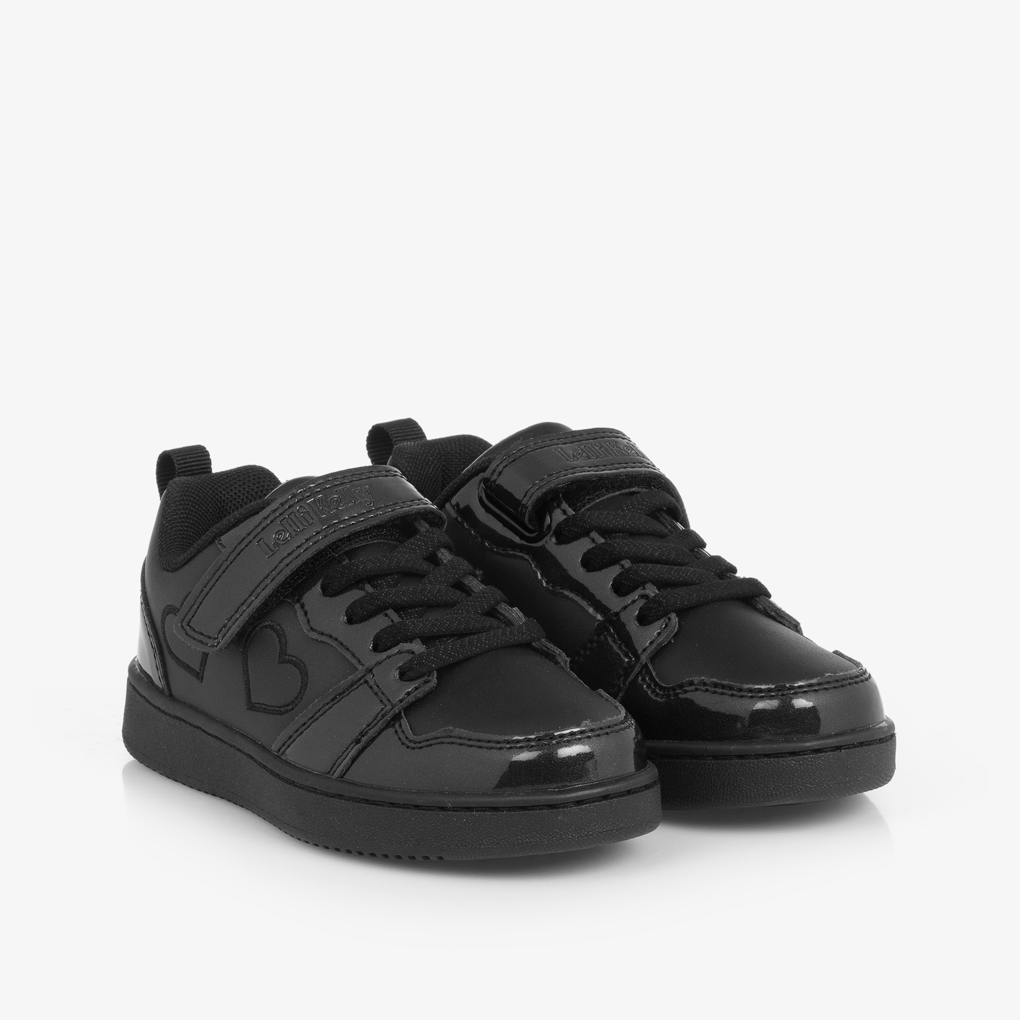 Girls Black Faux Leather Heart Trainers - View 1
