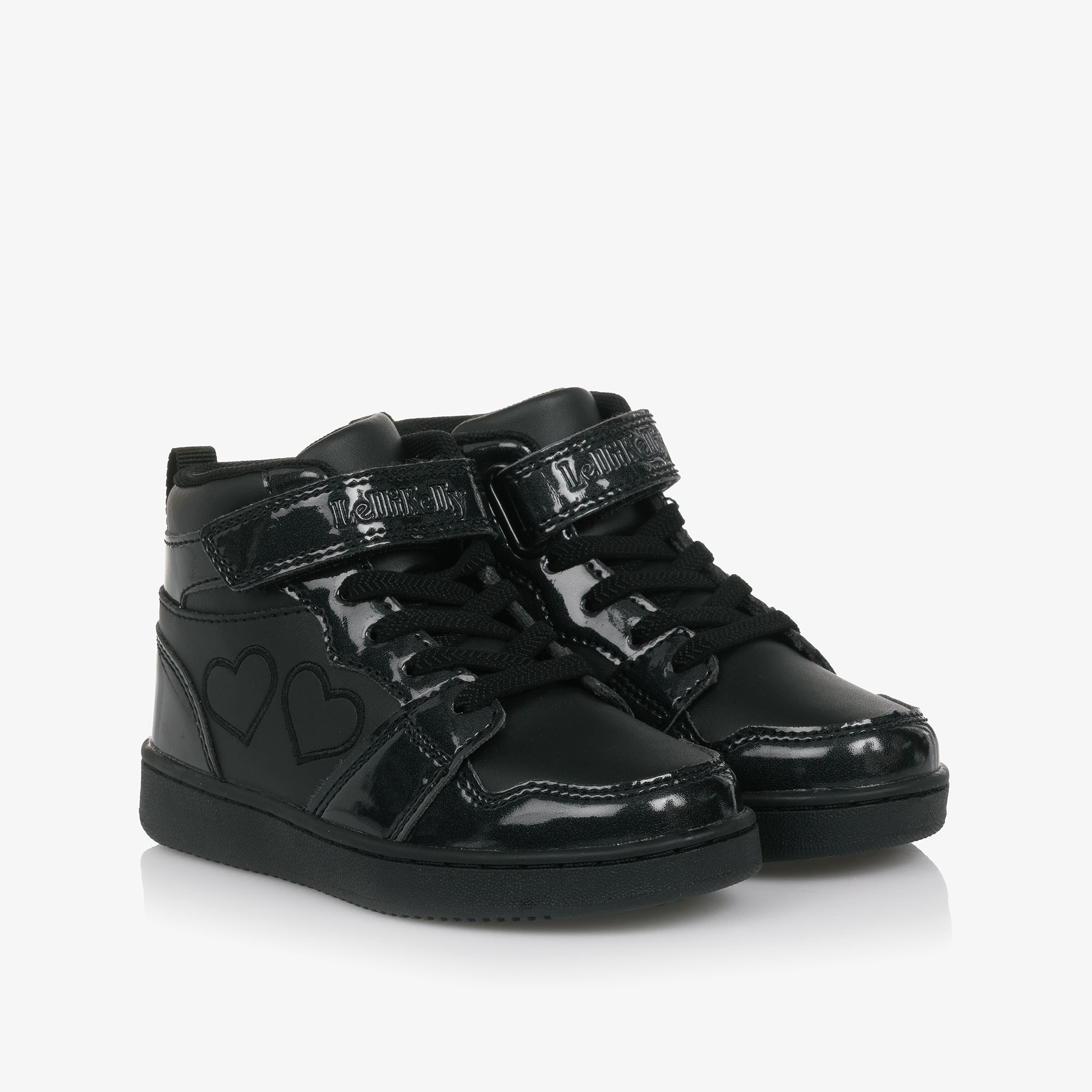 Girls Black Faux Leather High Top Trainers with Hearts - View 1