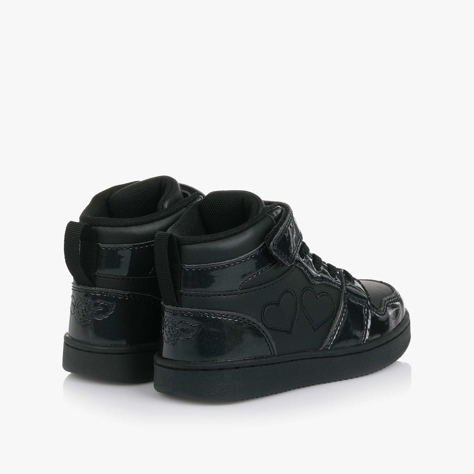 Girls Black Faux Leather High Top Trainers with Hearts - View 2