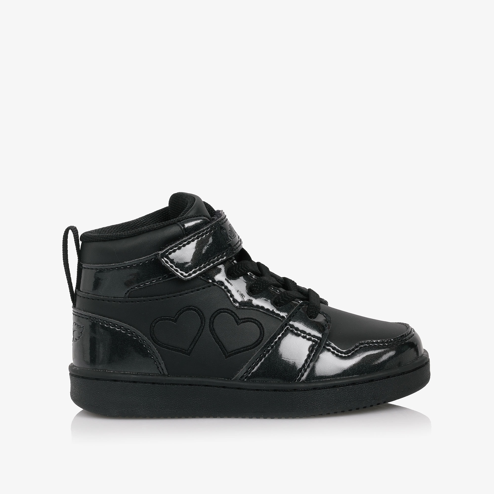 Girls Black Faux Leather High Top Trainers with Hearts - View 4