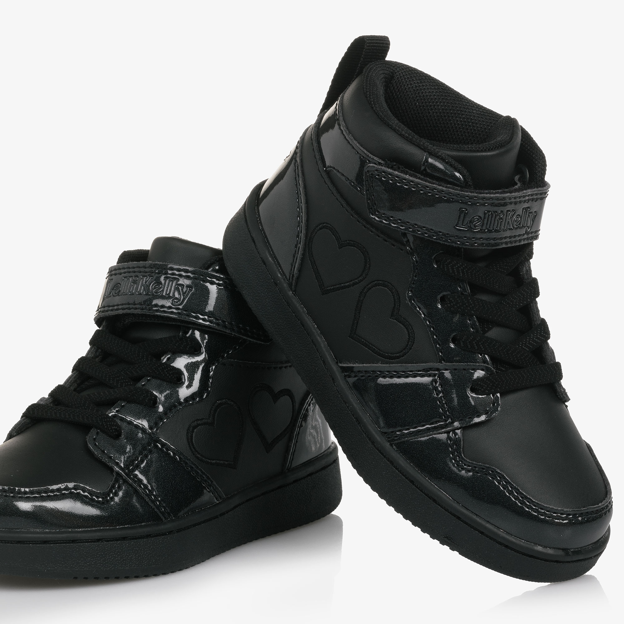 Girls Black Faux Leather High Top Trainers with Hearts - View 5