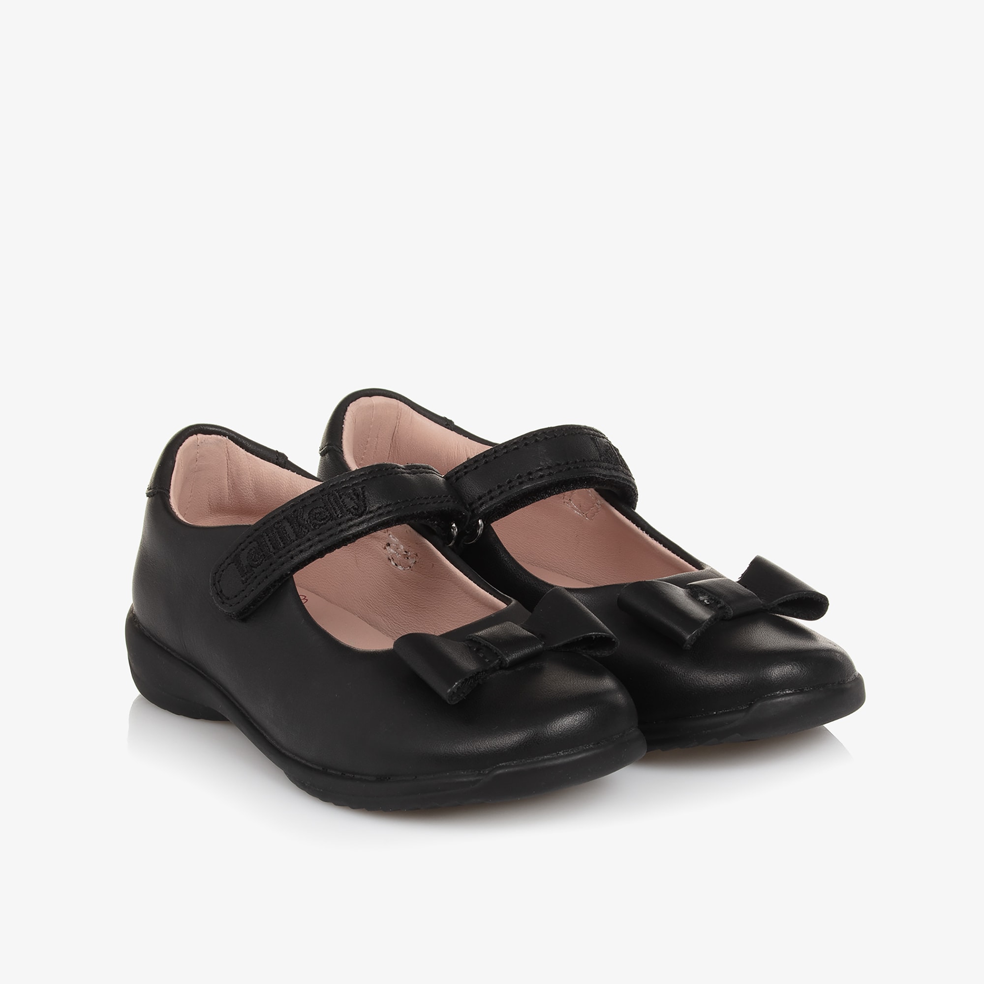 Girls Black Leather Bar Shoes with Bow Detail - View 1