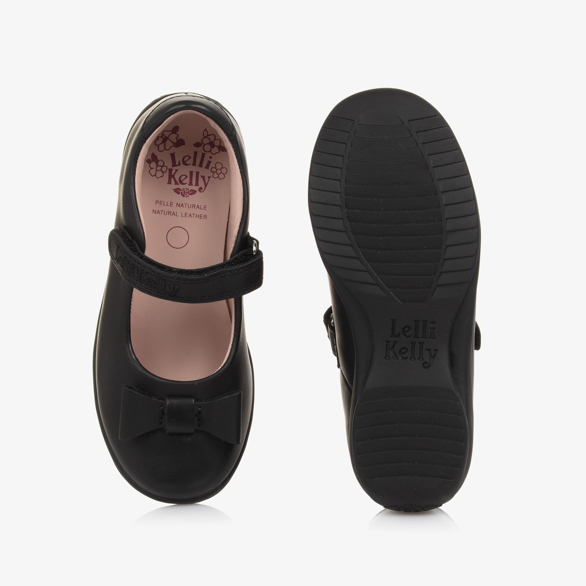 Girls Black Leather Bar Shoes with Bow Detail - View 3