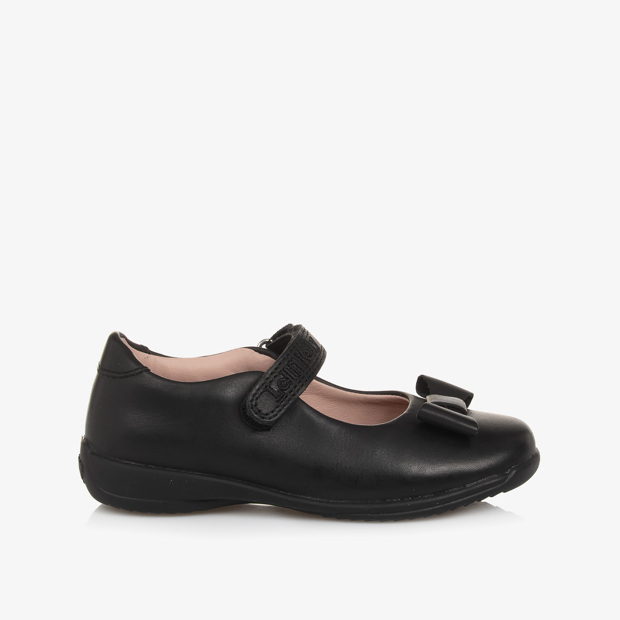 Girls Black Leather Bar Shoes with Bow Detail - View 4