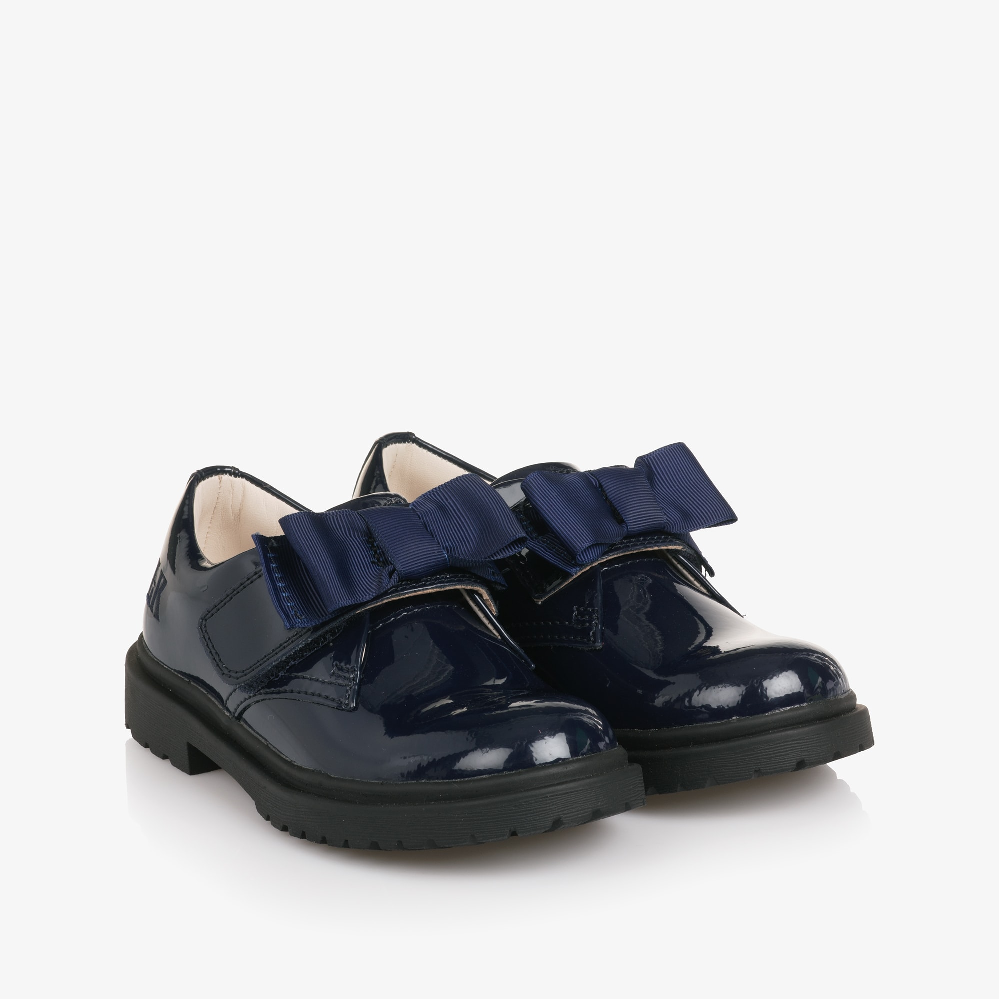 Girls Navy Blue Patent Leather Shoes with Grosgrain Bows - View 1