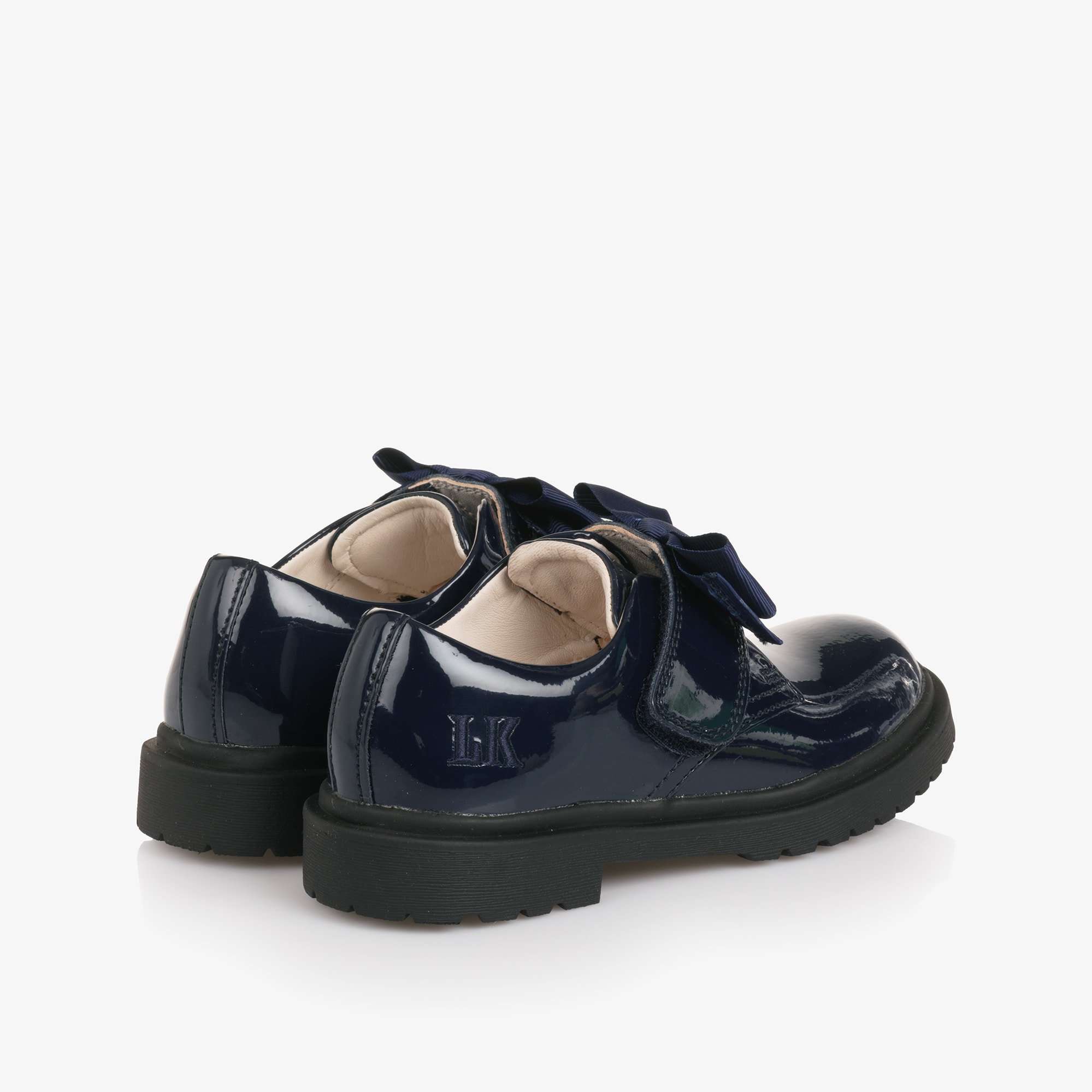 Girls Navy Blue Patent Leather Shoes with Grosgrain Bows - View 2