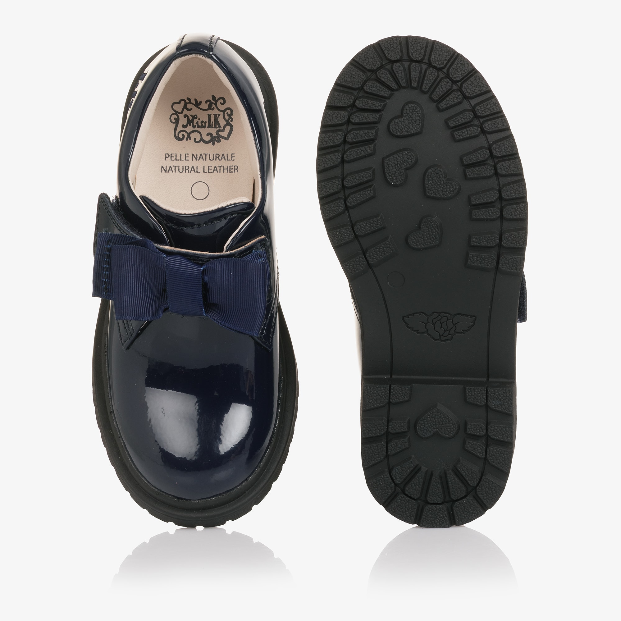 Girls Navy Blue Patent Leather Shoes with Grosgrain Bows - View 3