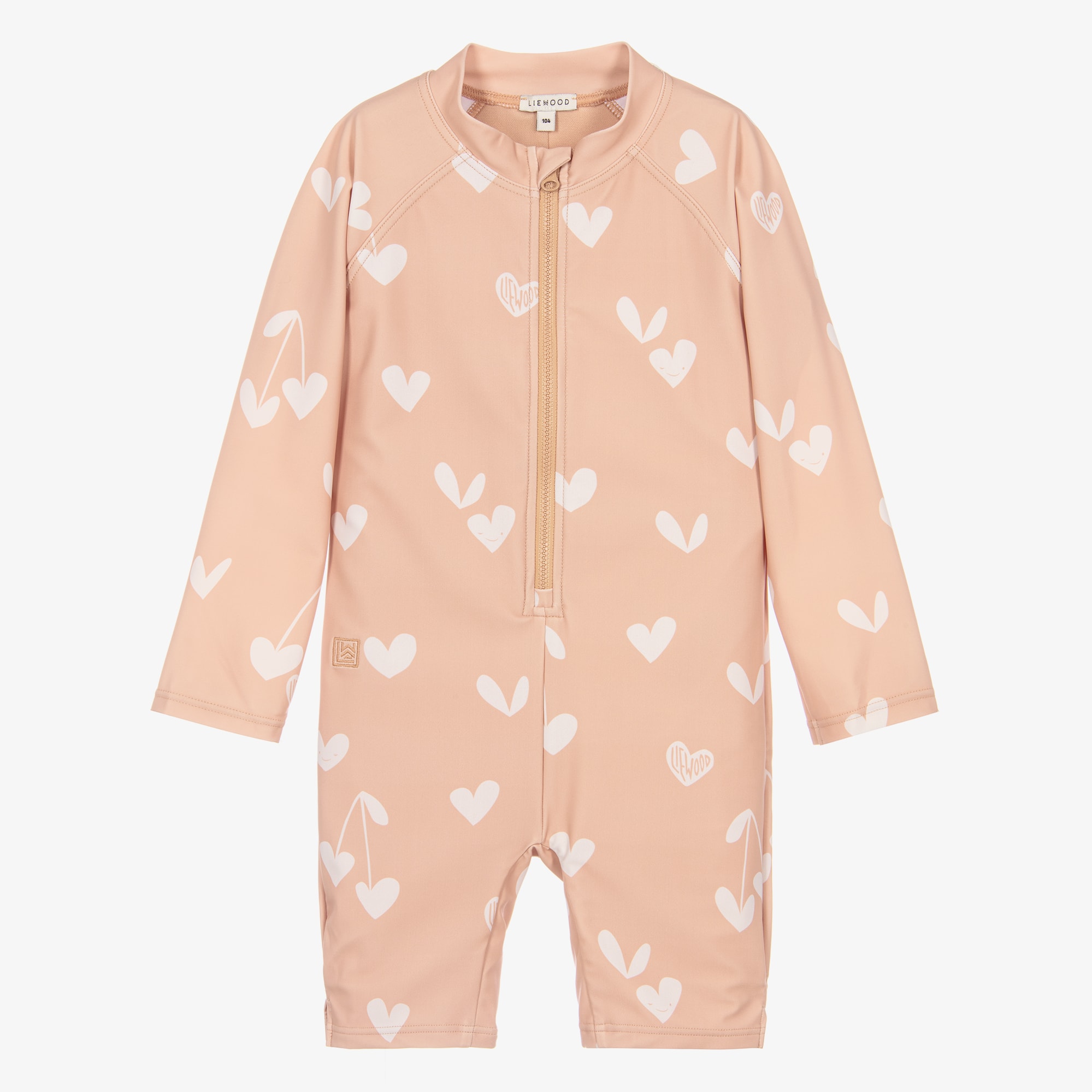 Girls Dusky Pink Heart Print Sun Suit (UPF40+) - View 1