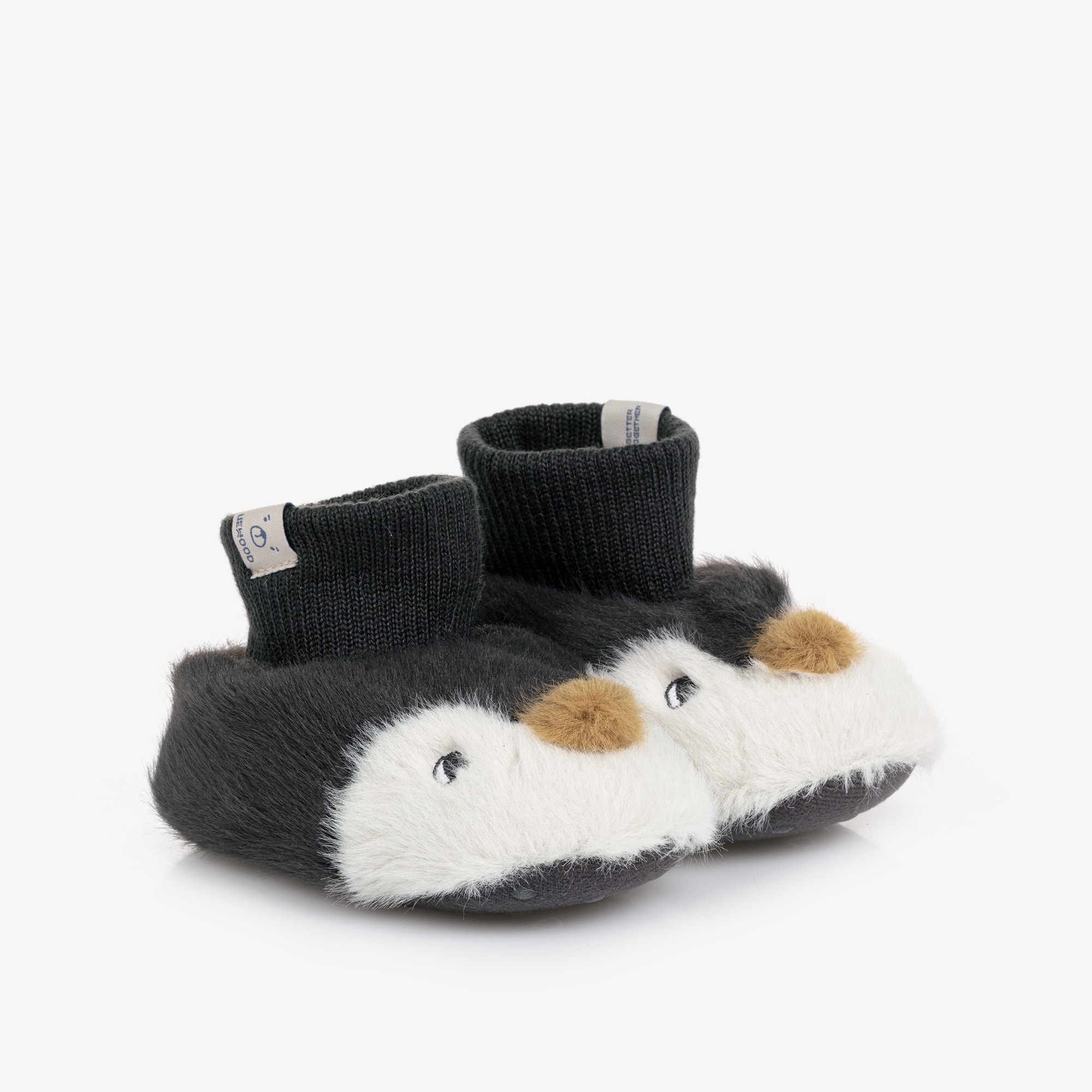 Grey Faux Fur Penguin Baby Slippers - View 1