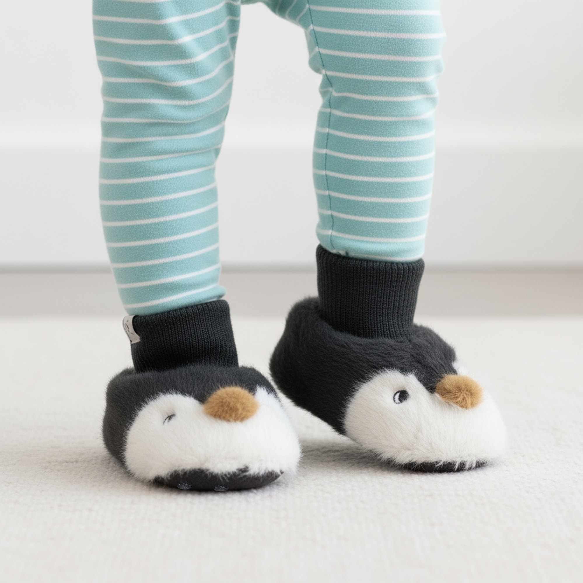 Grey Faux Fur Penguin Baby Slippers - View 2