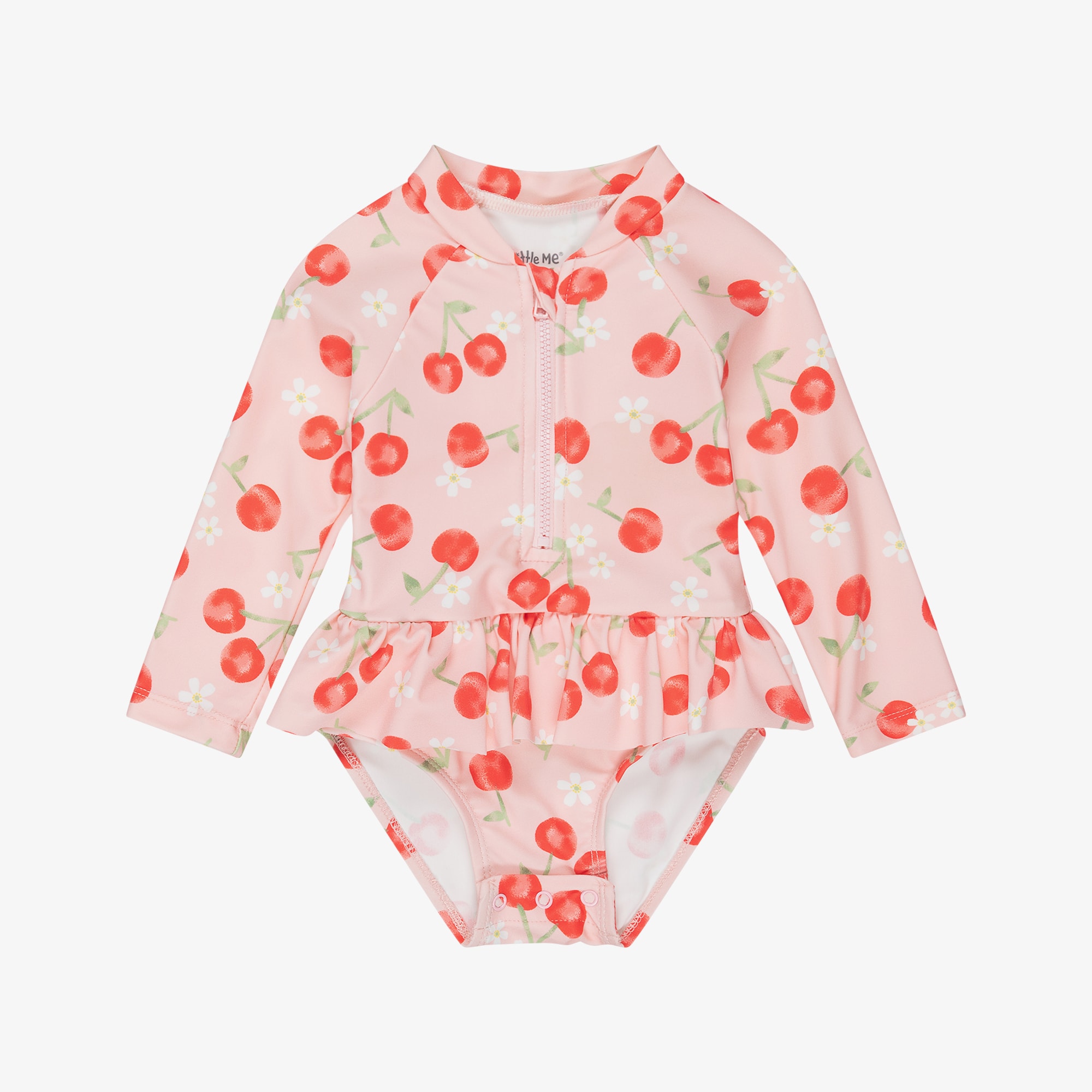 Baby Girls Pink Long Sleeved Cherry Print Swimsuit (UPF50+) - View 1