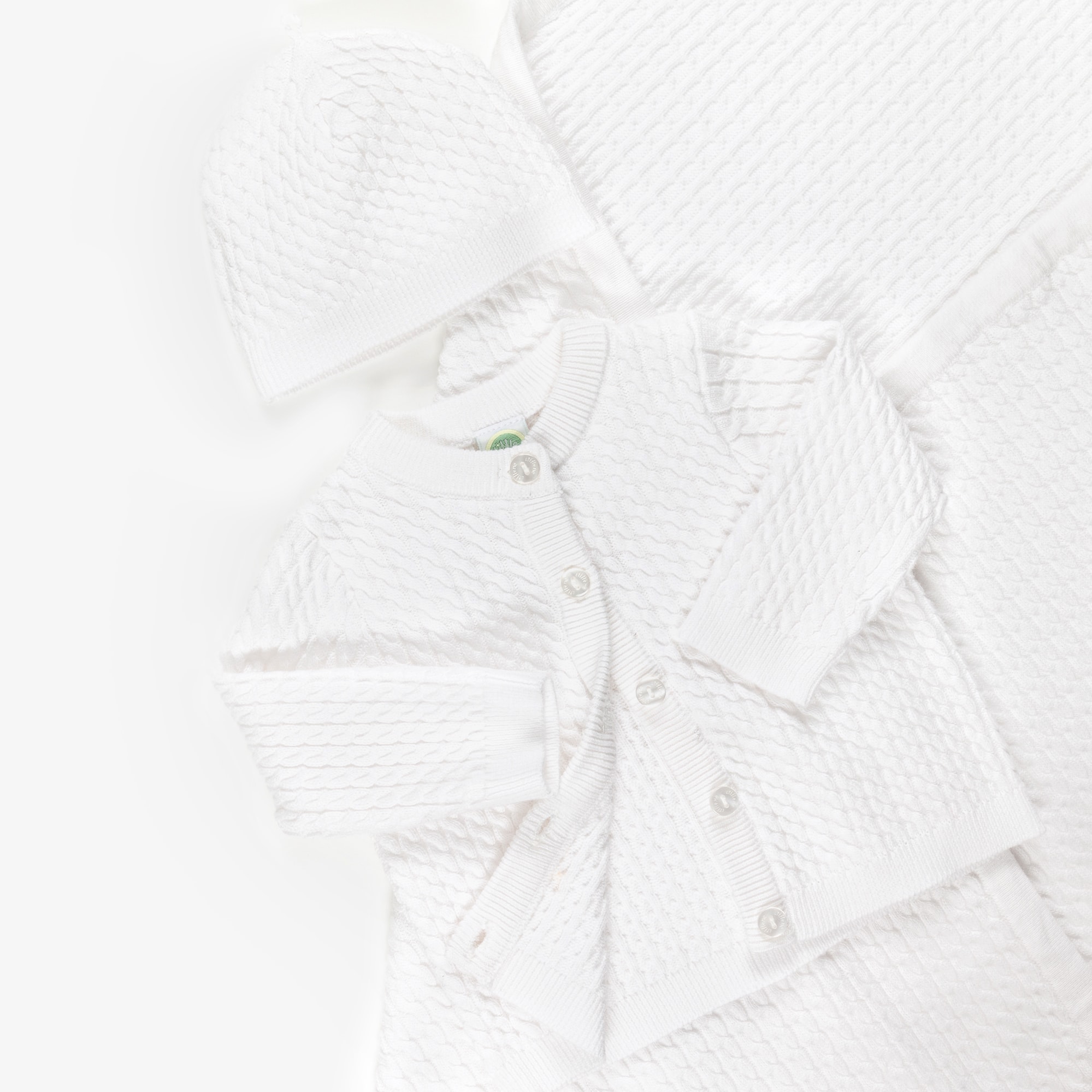 White Cotton Cable Knit Baby Cardigan Set - View 5