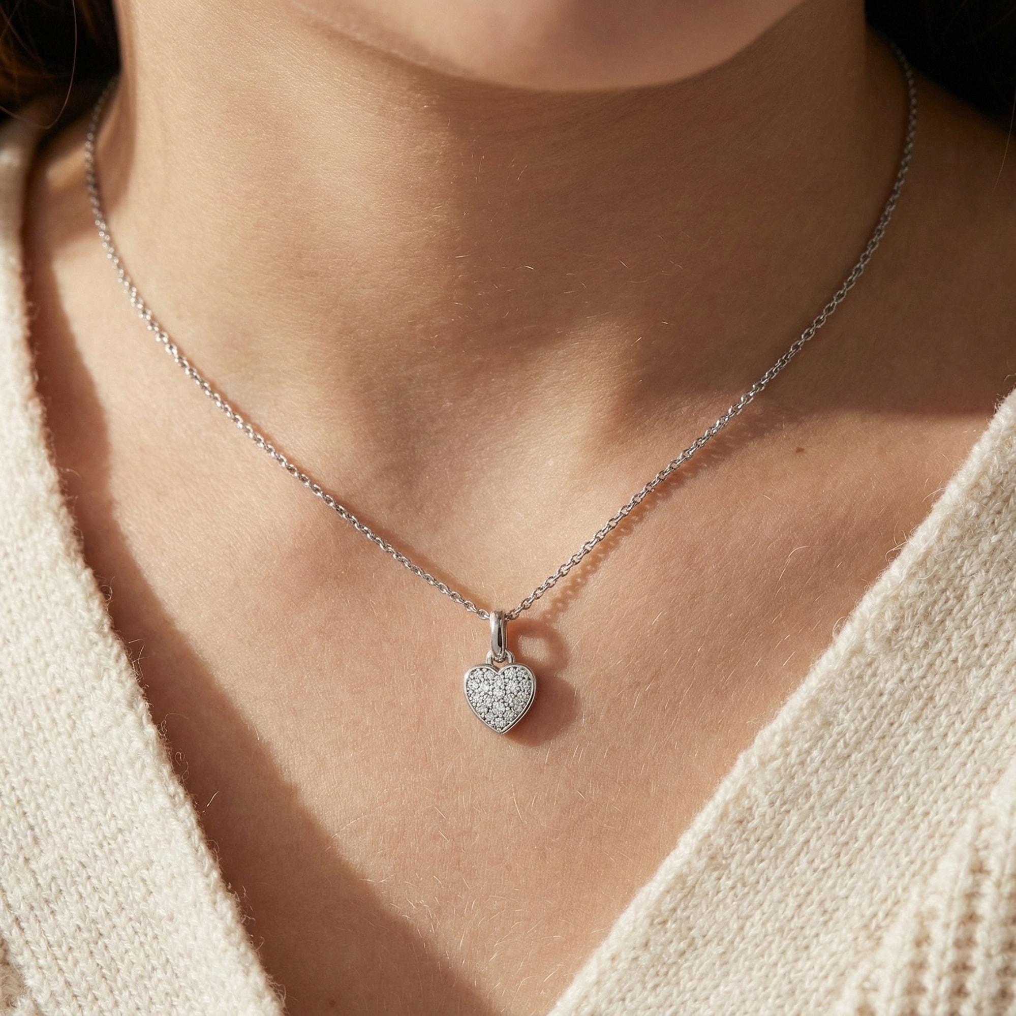 Girls Sterling Silver & Platinum Diamond Heart Necklace (46cm) - View 2