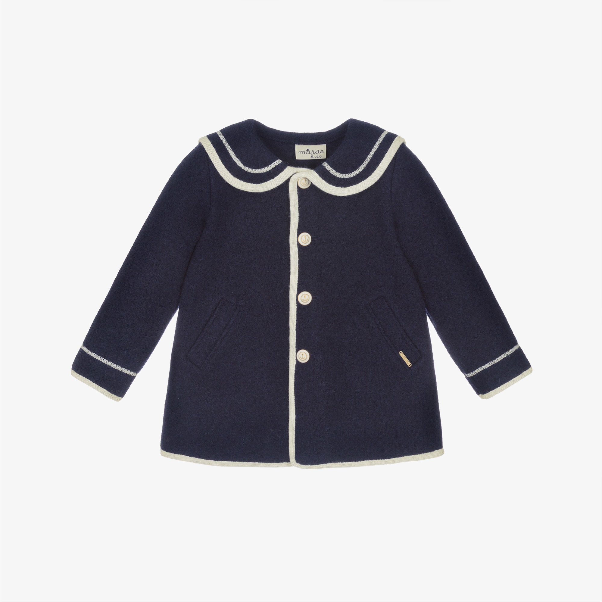 Girls Navy Blue Merino Wool Coat with Ivory Trim - View 1