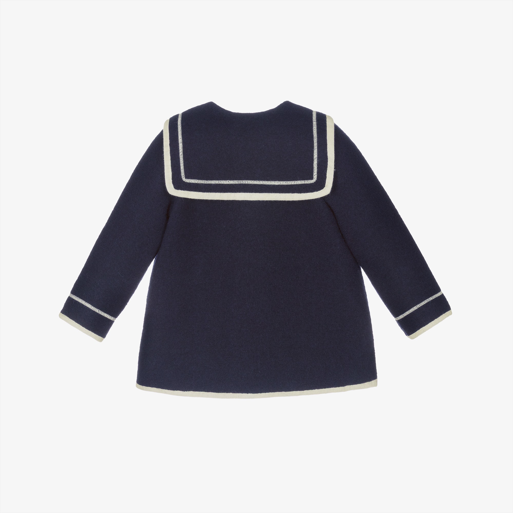 Girls Navy Blue Merino Wool Coat with Ivory Trim - View 3