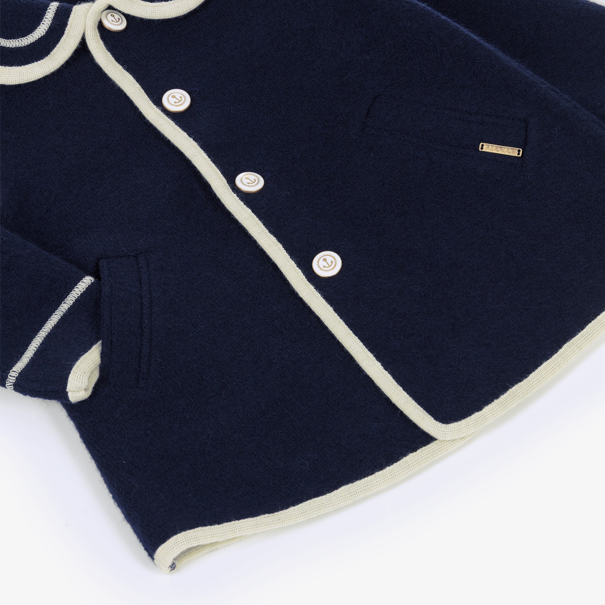 Girls Navy Blue Merino Wool Coat with Ivory Trim - View 5