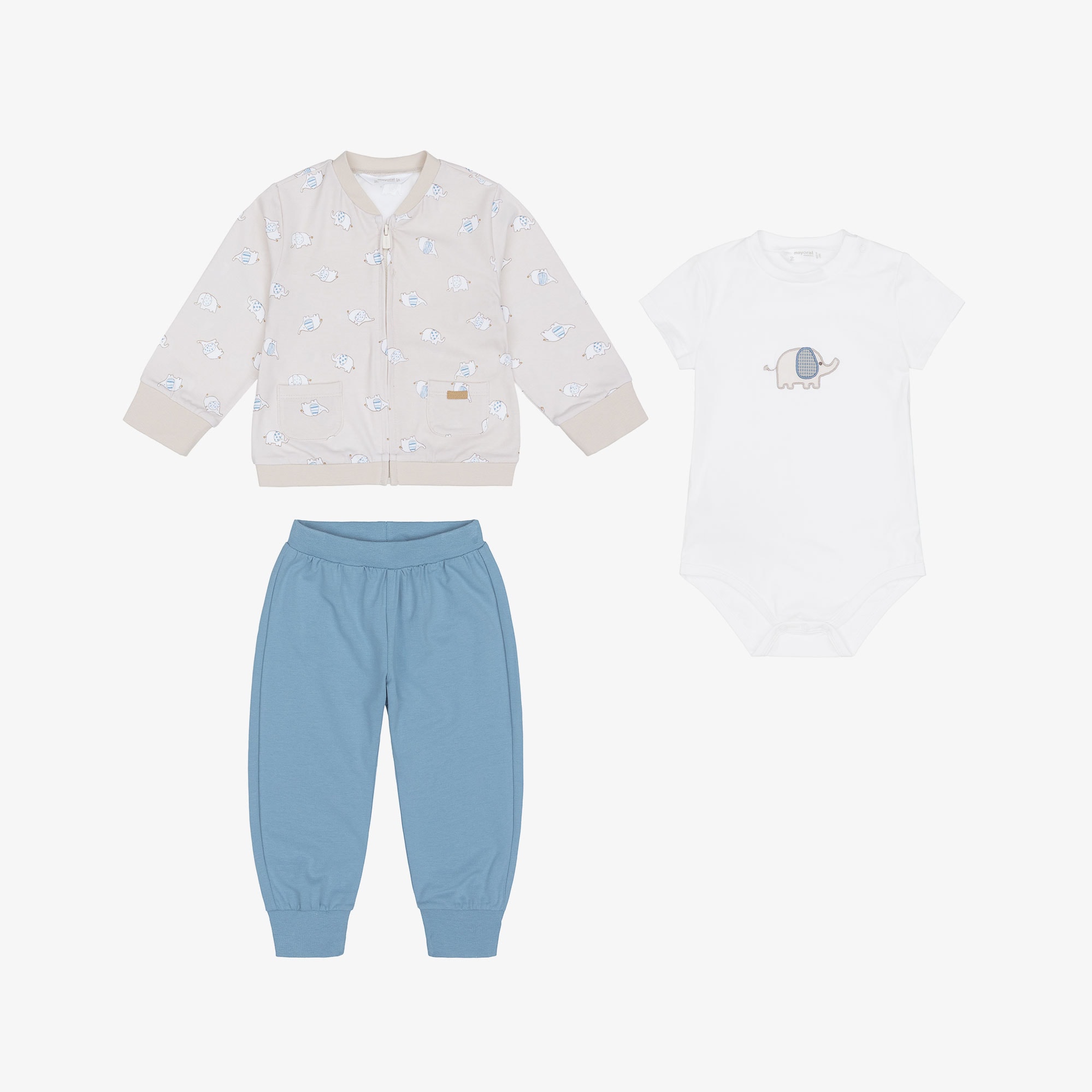 Baby Boys Beige & Blue Elephant Print Tracksuit Set - View 2