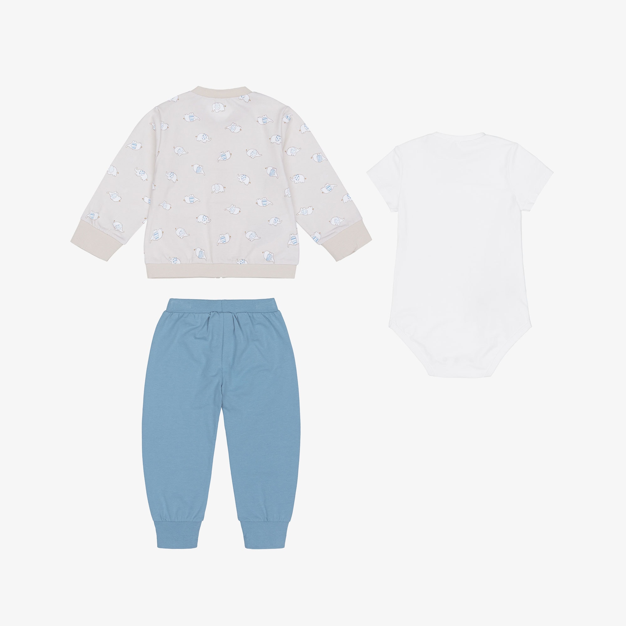 Baby Boys Beige & Blue Elephant Print Tracksuit Set - View 3