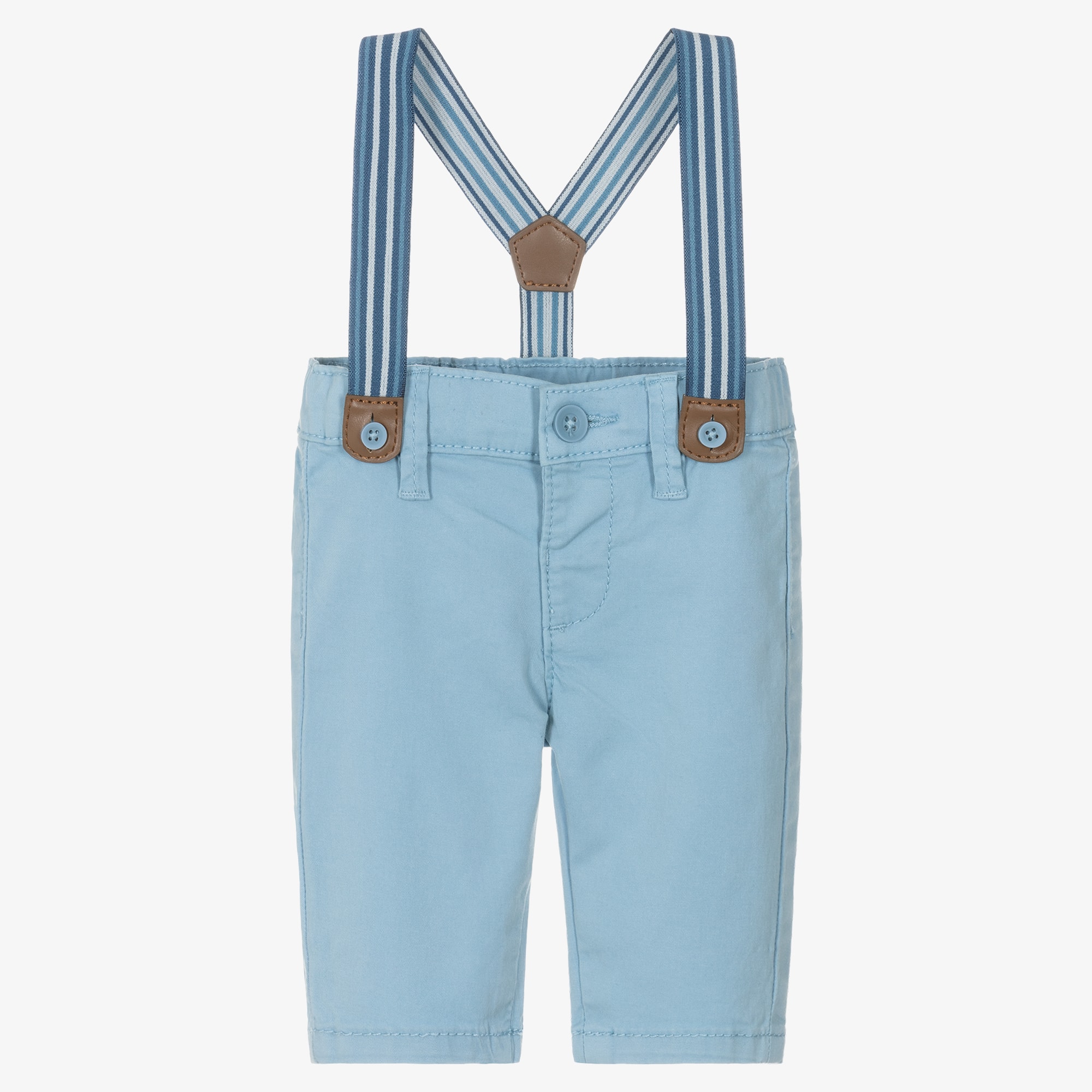 Baby Boys Beige Cotton Trousers with Striped Braces - View 1
