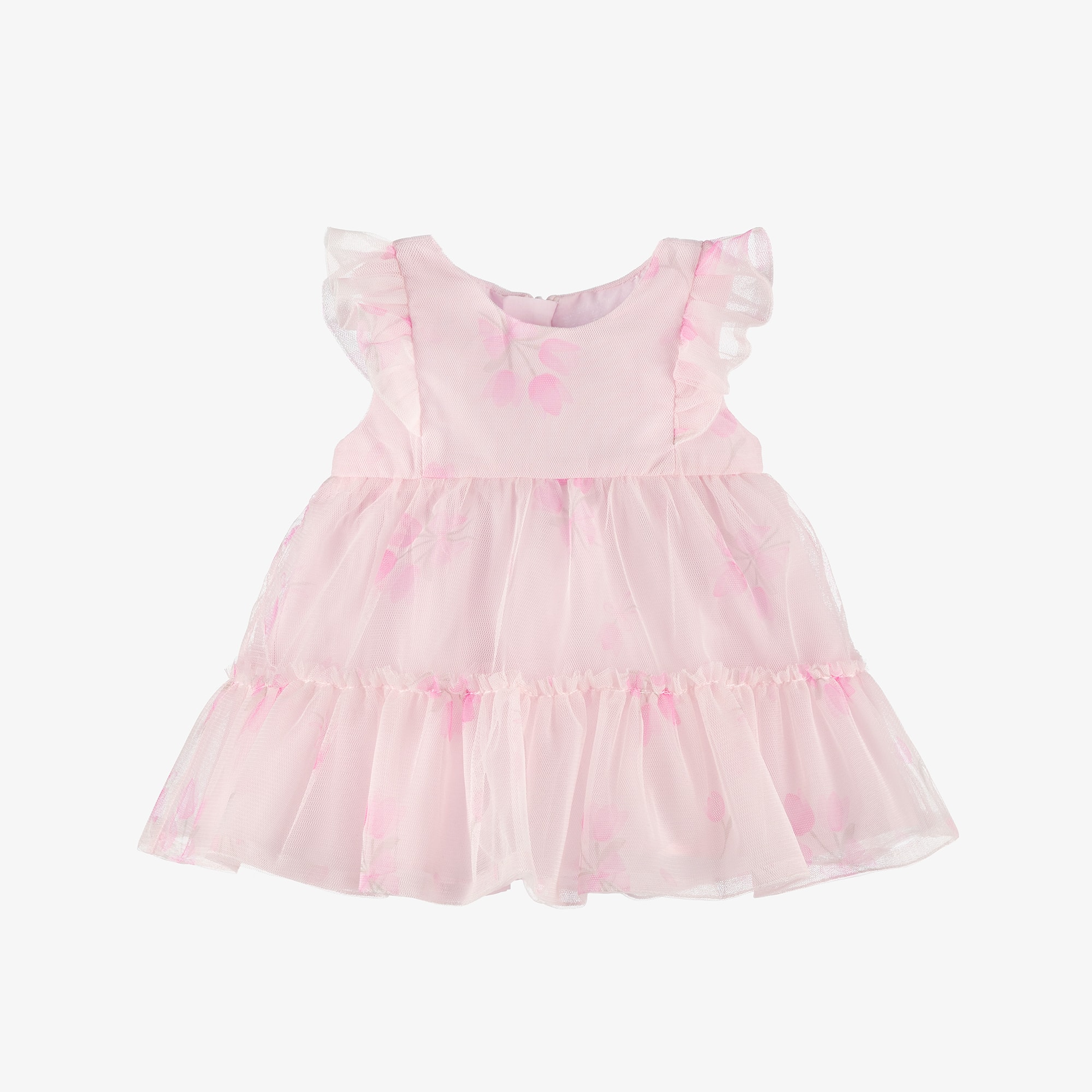 Baby Girls Pink Floral Tulle Dress with Ruffles - View 1
