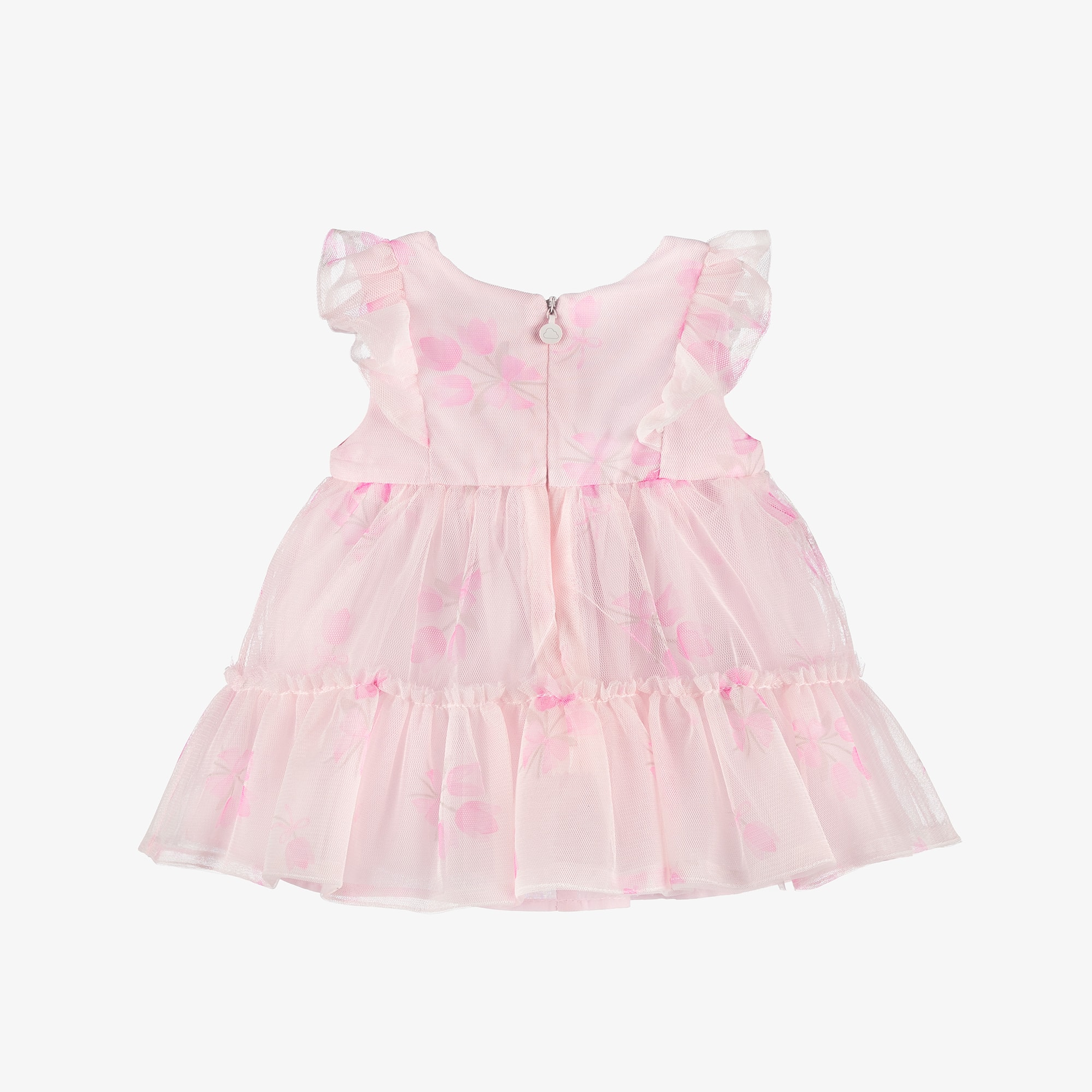 Baby Girls Pink Floral Tulle Dress with Ruffles - View 2