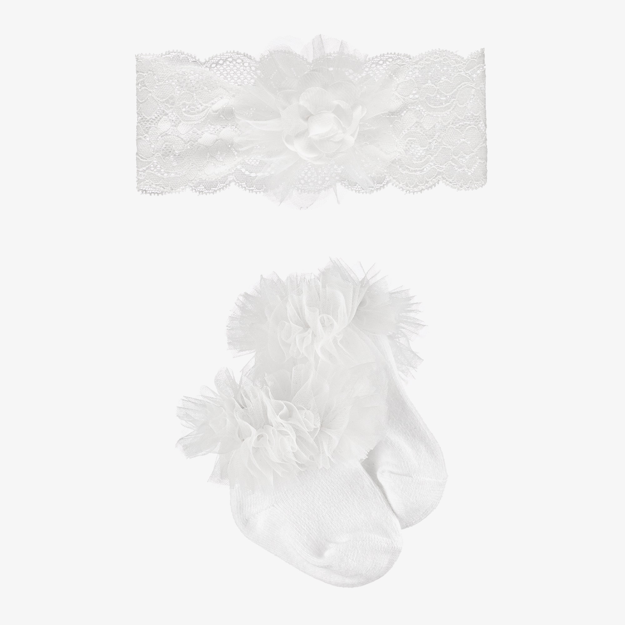 Baby Girls White Socks & Lace Headband Set - View 1