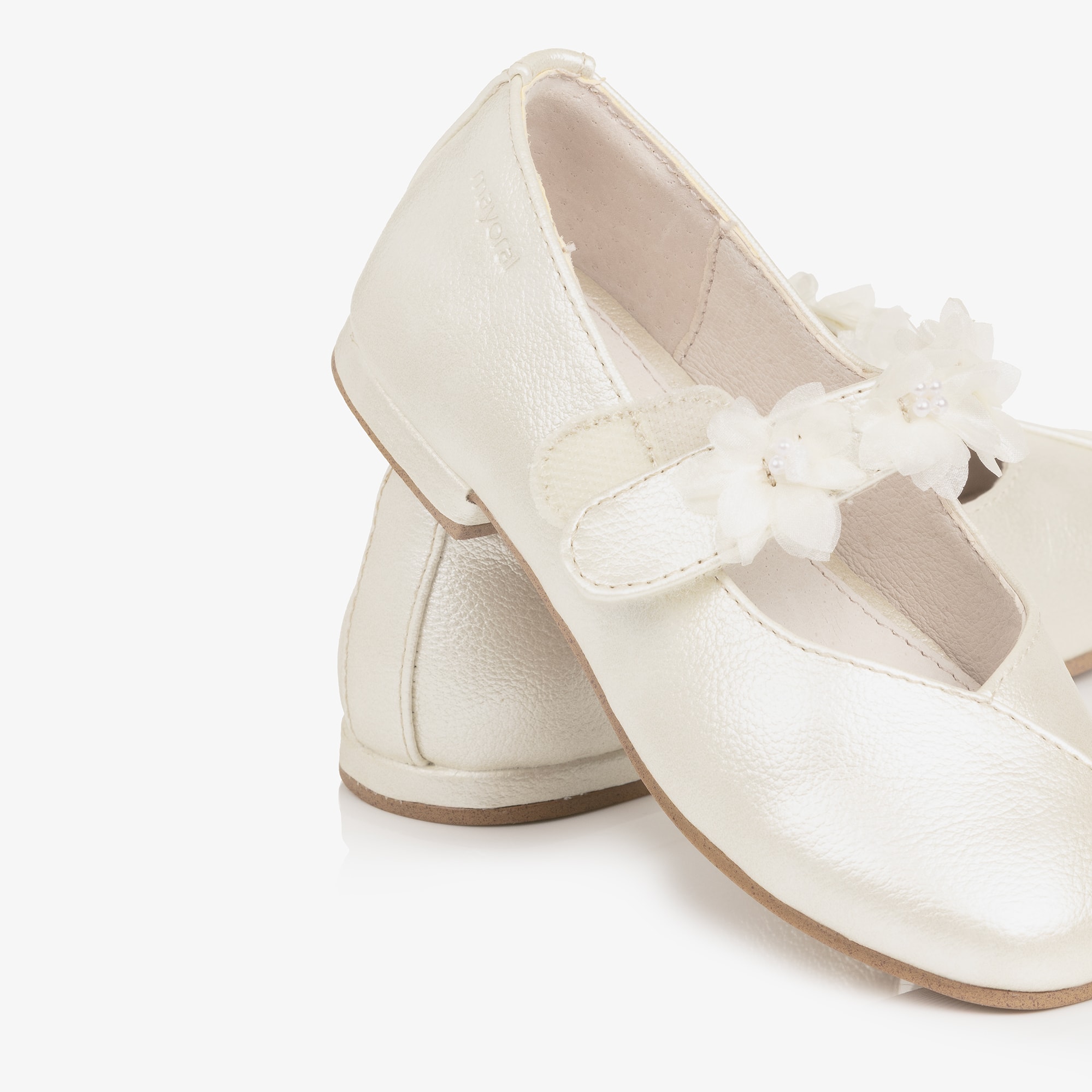 GirIs Ivory Faux Leather Pumps with Floral Velcro Strap - View 5